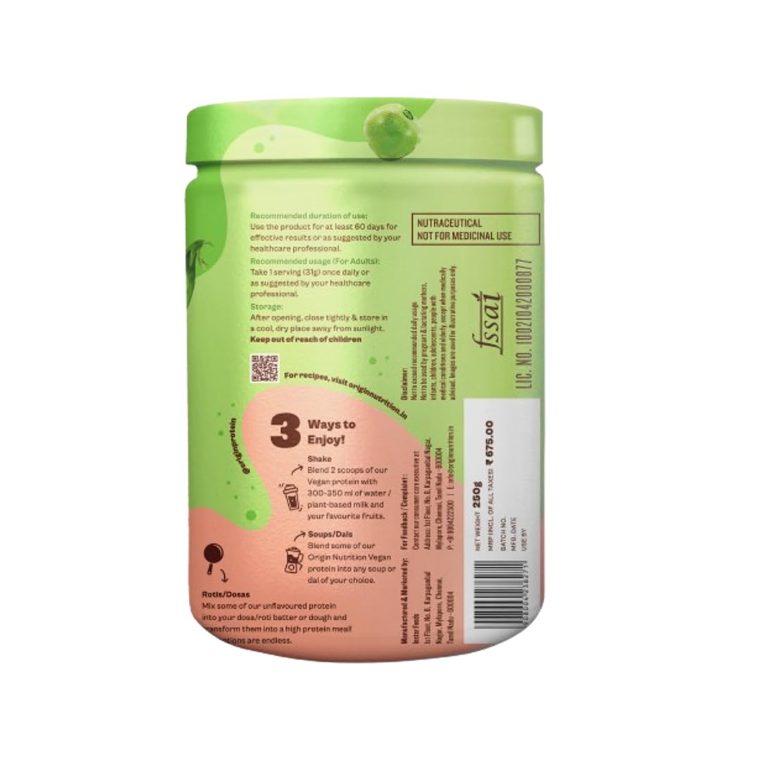 Origin Nutrition 100% Natural Unflavored Plant Protein Powder - 25g Plant-Based Protein per Serving, Gluten Free, Dairy Free, No Added Sugar, Soy Free, Non-GMO, Vegan & Jain Friendly (260g, 8 Servings) - Perfect for Smoothies, Baking & Post-Workout Recovery