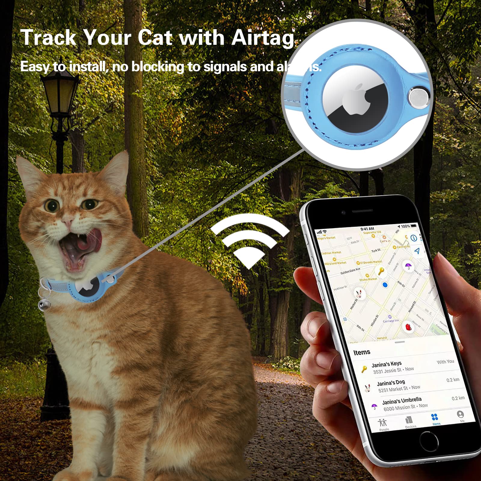 GPS Cat Collar with Bell & Reflective Strip - Leather Pet Tracker Collar for Cats (Blue, XS 7.5-10.2