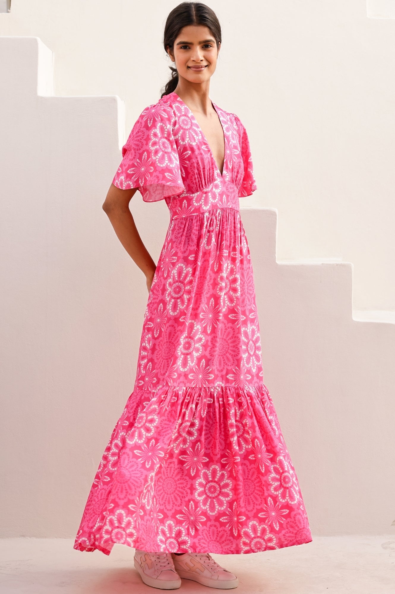 Sylvie EcoVero™ Floral Lace Dress in Pink & White | Sustainable Viscose Maxi Dress for Women | Perfect for Weddings, Garden Parties & Summer Vacations