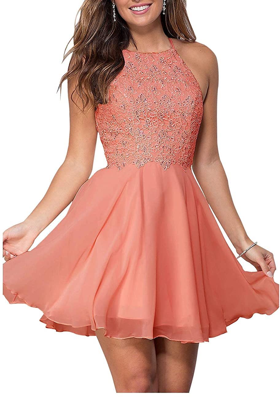 Elegant A-Line Halter Homecoming Dresses for Teens | Short Lace Chiffon Bridesmaid Gowns | Plus Size Formal Evening Dress with Crystal Beading | Perfect for Prom, Wedding Party & Special Occasions