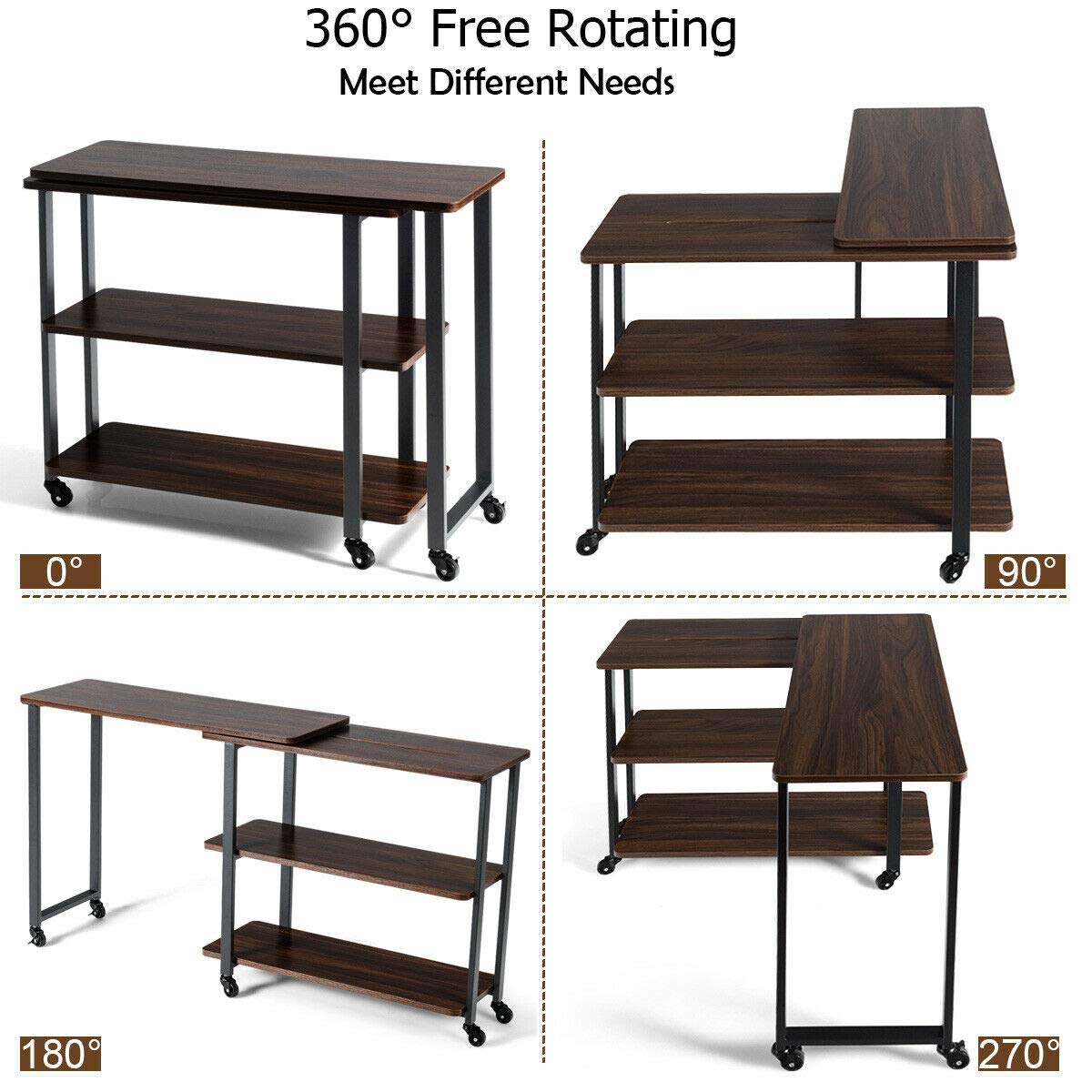 360 Degree Rotating L-Shaped End Table with Wheels & Brake - Sturdy Metal Frame, Open Storage Shelves, Water Resistant & Easy to Clean - Perfect for Living Room, Bedroom, Office (Walnut Finish)