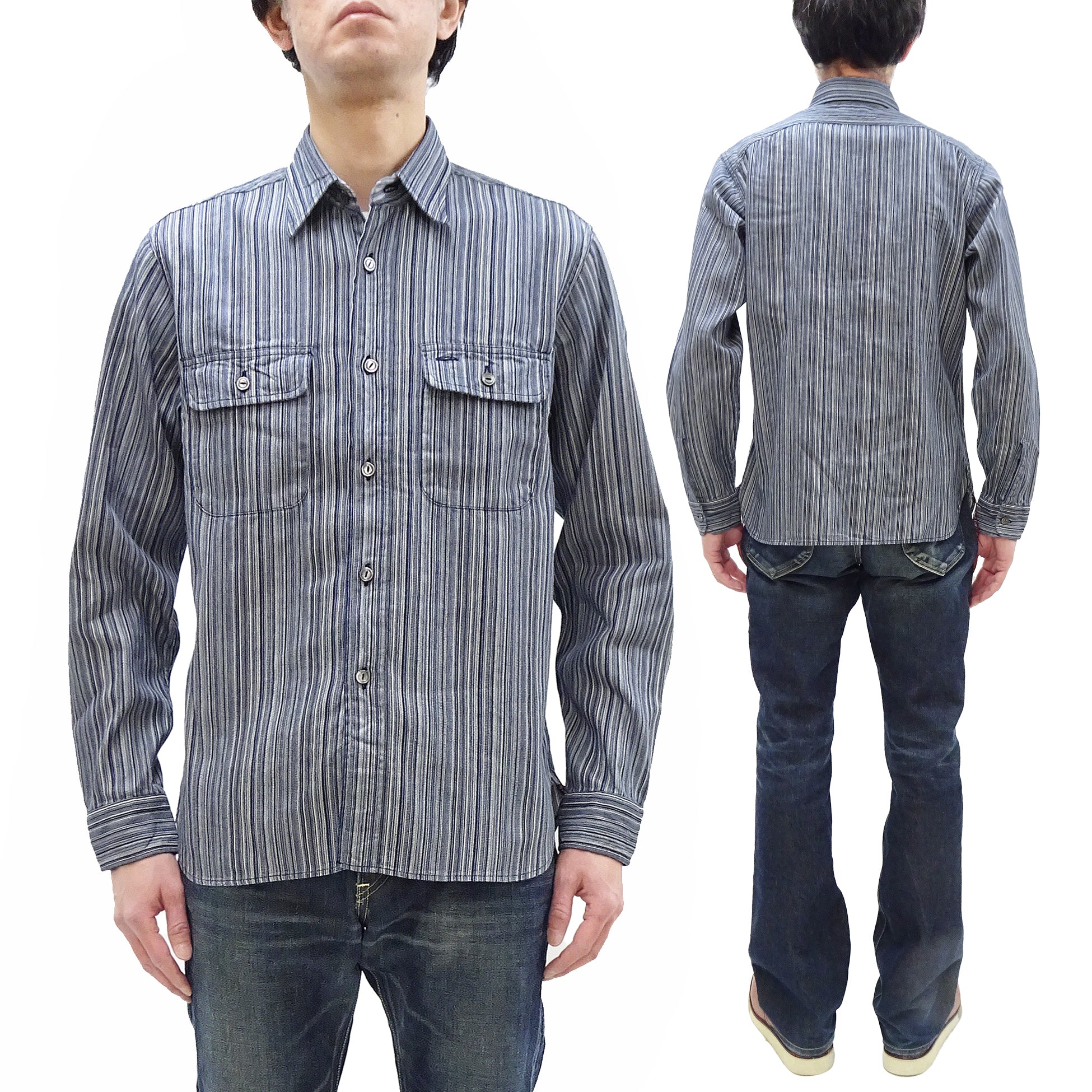 Japanese Kasuri Style Men's Long Sleeve Button-Up Work Shirt - Sugar Cane Indigo Stripe Cotton Shirt (SC29396 401A Off White) - Perfect for Casual Wear, Office & Outdoor Activities