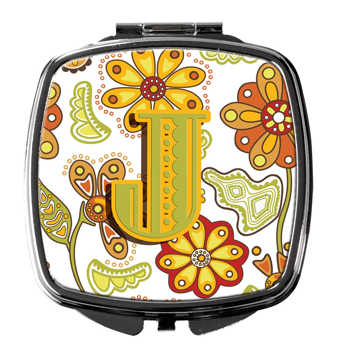 Caroline's Treasures Floral Letter J Compact Mirror - Mustard & Green Travel Makeup Mirror for Women & Girls | Portable Folding Handheld Cosmetic Mirror | Perfect Gift for Birthdays, Travel & Purse Accessory