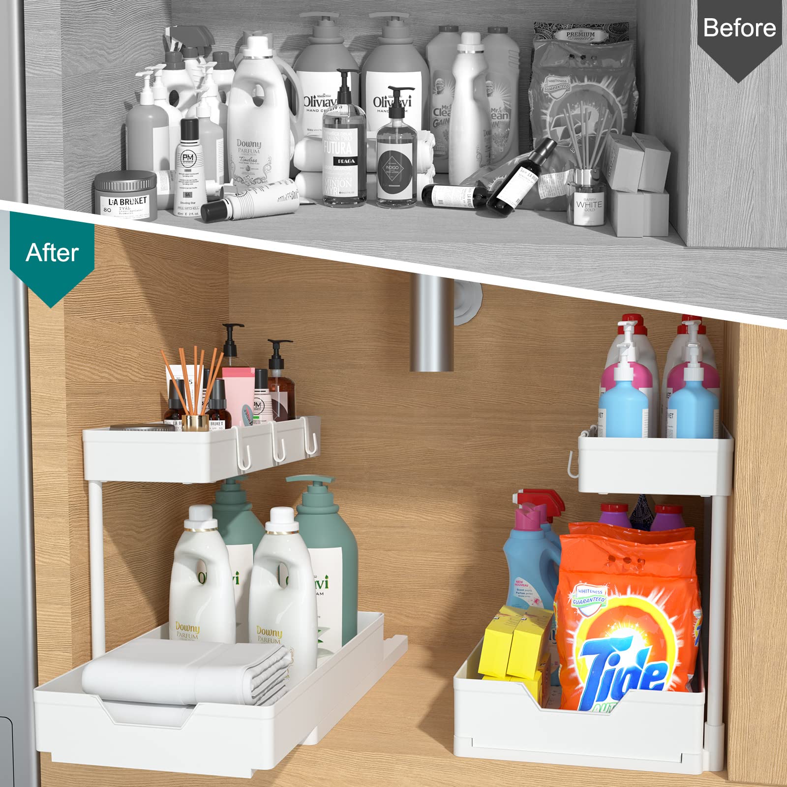2-Tier Under Sink Organizer Set - 2 Pack Sliding L-Shaped Cabinet Storage for Kitchen & Bathroom - Space Saving Drawer Organizer for Narrow Spaces (White) - Perfect for Small Apartments & Cluttered Cabinets