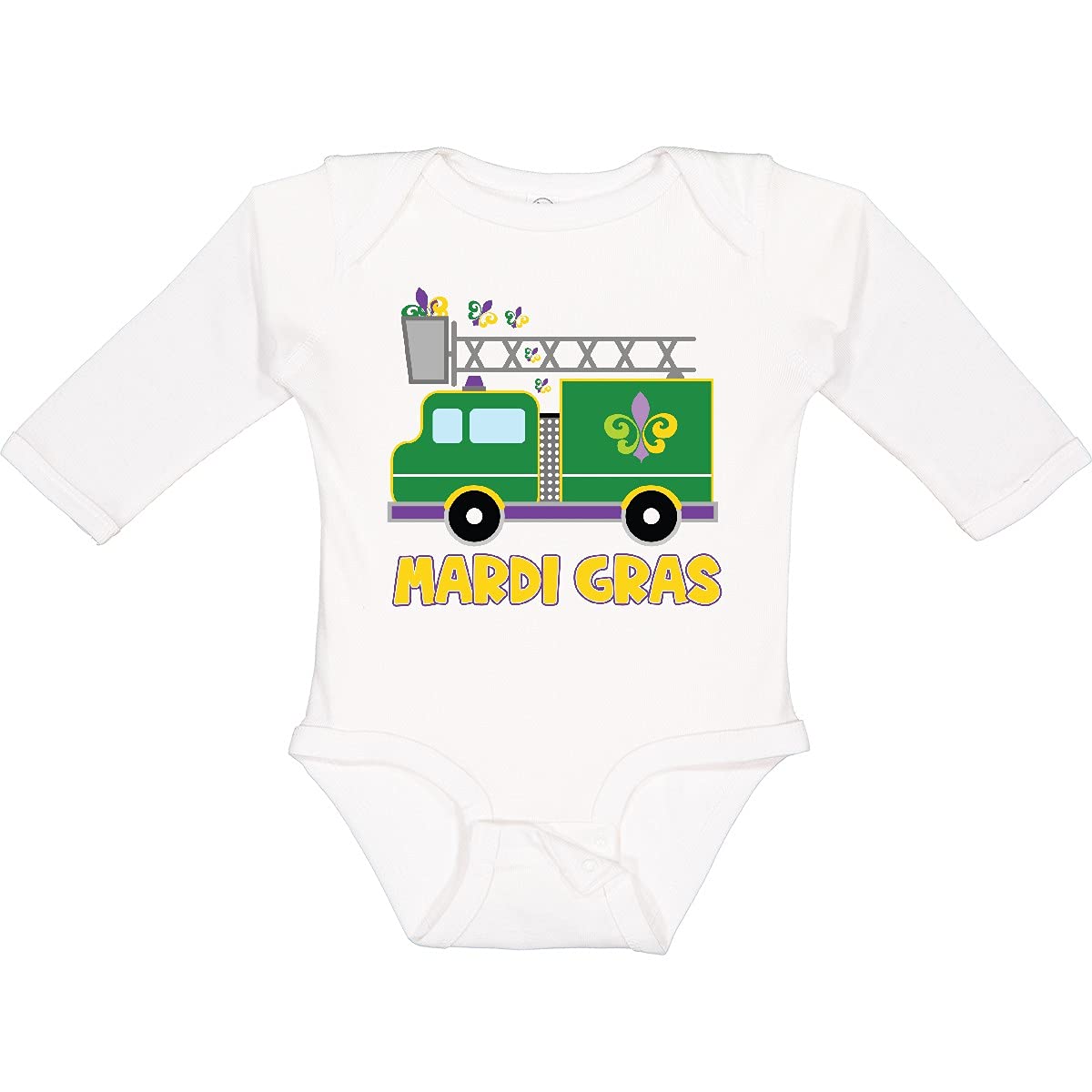 inktastic Mardi Gras Fire Truck with Fleur De Lis Trio Long Sleeve Creeper - Festive Baby Outfit for Carnival Parades & Holiday Celebrations