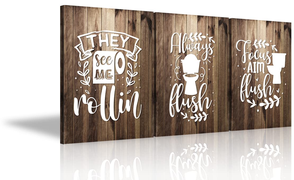 3-Piece Funny Bathroom Wall Art Set - Always Flush Canvas Prints, Ready to Hang Restroom Decor (20''Wx28''H) - Perfect for Home, Office, or Gift Giving