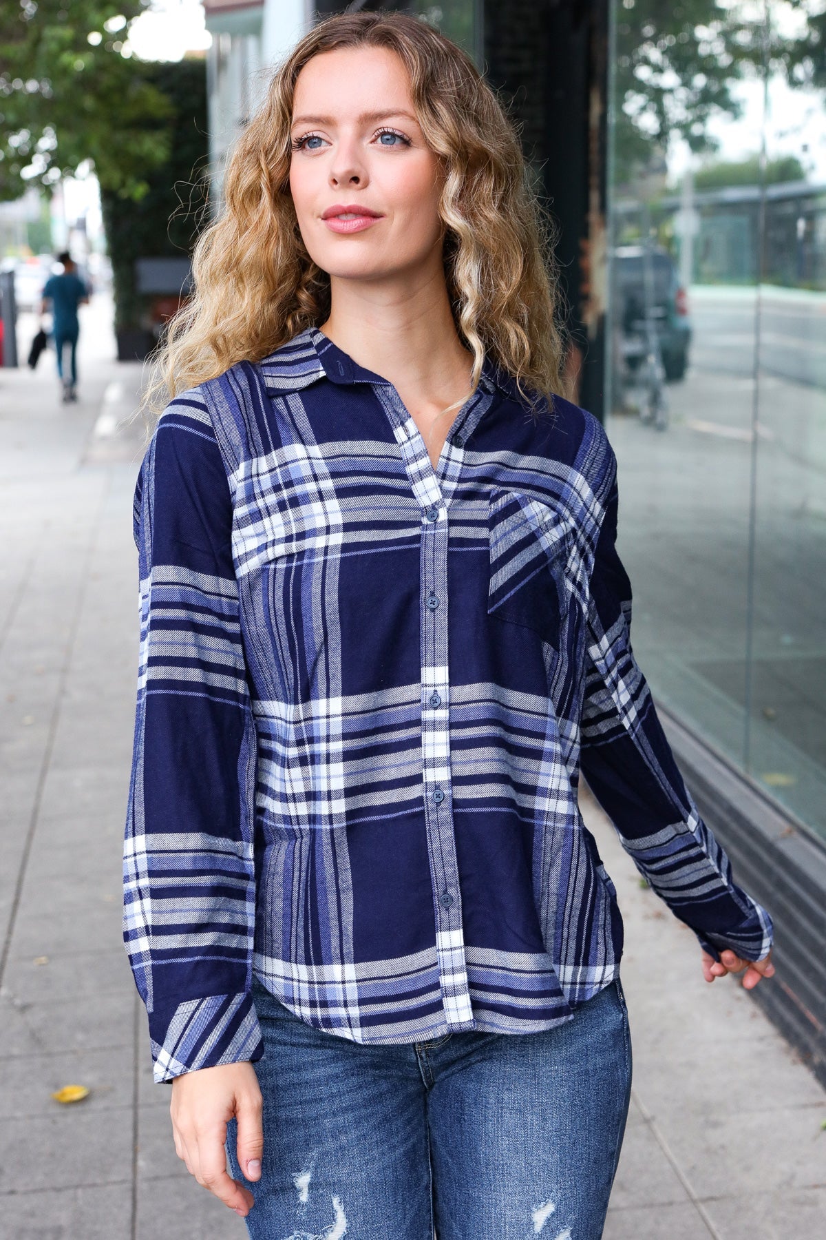 Stylish Blue Plaid Button Down Shirt for Women - Casual Long Sleeve Blouse - Perfect for Office, Date Night & Fall Outfits