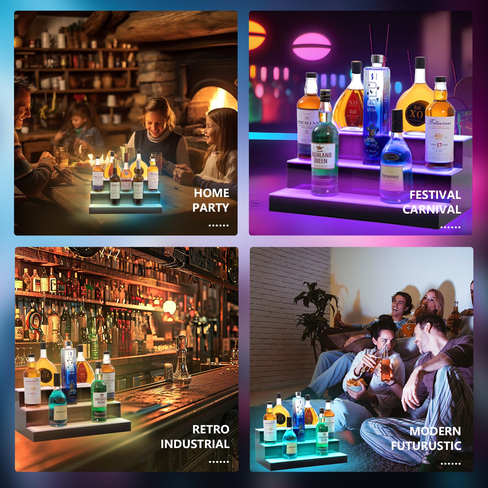3-Tier LED Illuminated Whiskey Bottle Display Shelf - 20 Inch Acrylic Bar Stand with USB, RF Remote & App Control - Holds 18 Bottles for Home Bar, Party Decor & Restaurant Display
