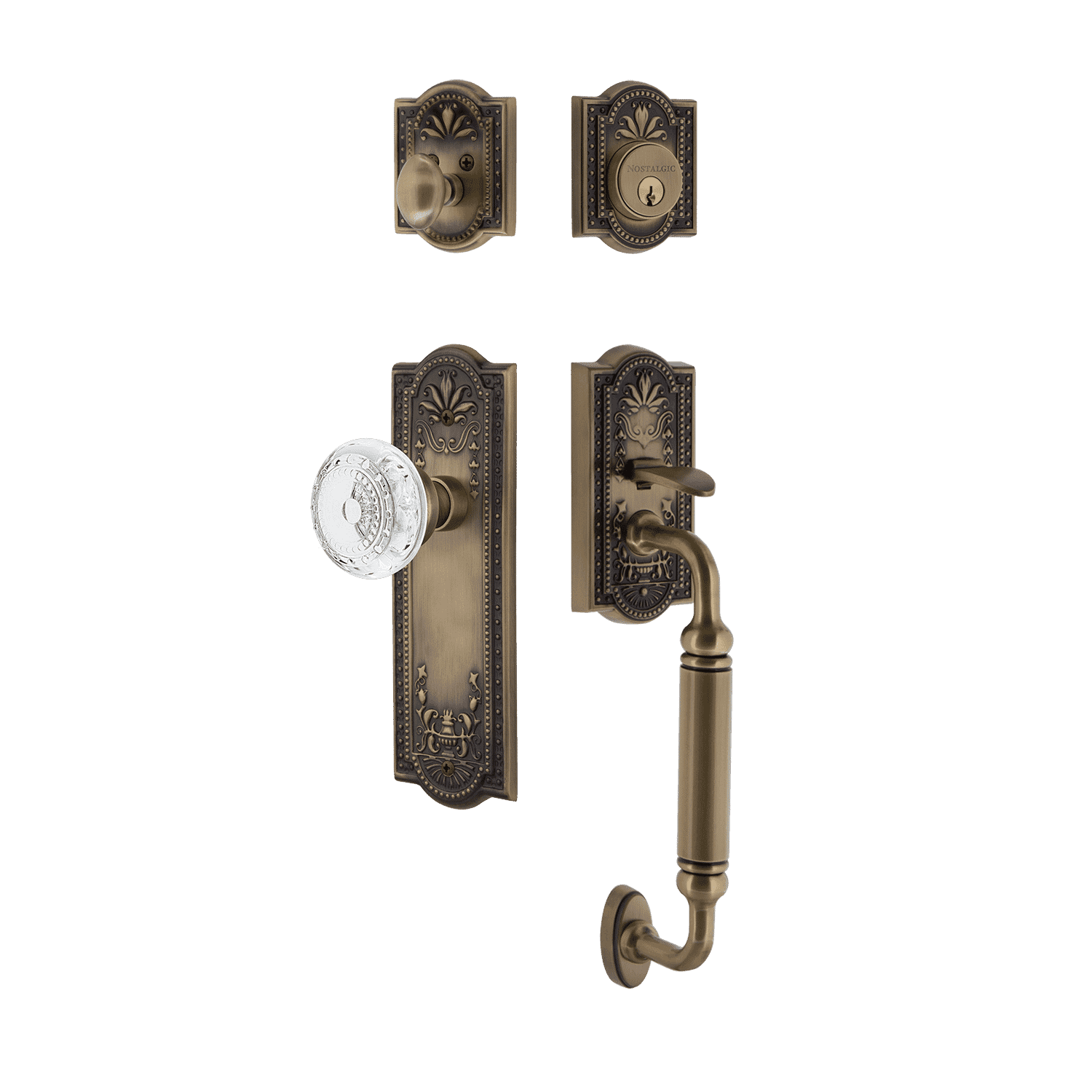 Antique Brass Meadows Handleset with C Grip & Long Plate - Crystal Knob Door Handle for Bedroom, Bathroom & Interior Doors - Vintage Style Hardware for Home Décor