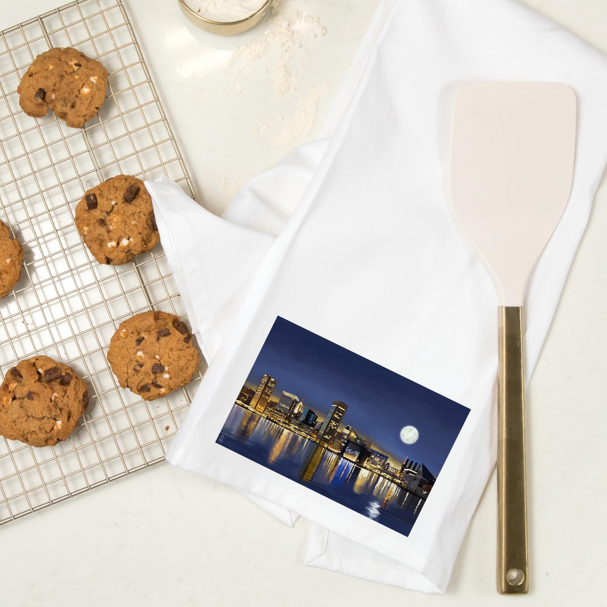 Lantern Press Baltimore Maryland Skyline at Night Tea Towel - 100% Cotton Decorative Hand Towel for Kitchen & Home Decor | Perfect for Dish Drying, Gift Giving & Coastal Themed Spaces