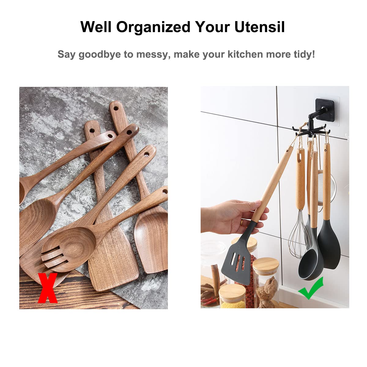 360° Rotatable Under Cabinet Kitchen Utensil Hanger - 2 Pack Space Saving No Drill Wall Mount Organizer with 6 Hooks for Spoons, Ladles & Cooking Tools - Perfect for Small Kitchens, RVs & Apartments (Black)