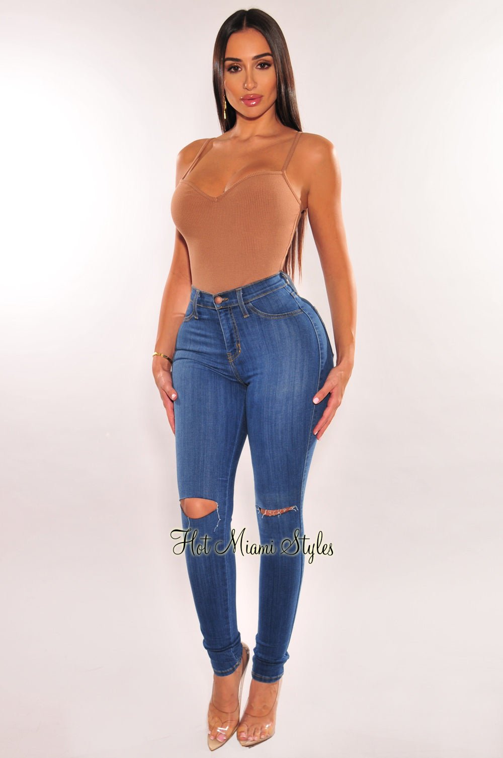 Stylish High Waist Skinny Jeans with Ripped Knee Details - Trendy Denim Pants for Women - Perfect for Casual Outfits, Parties & Everyday Wear