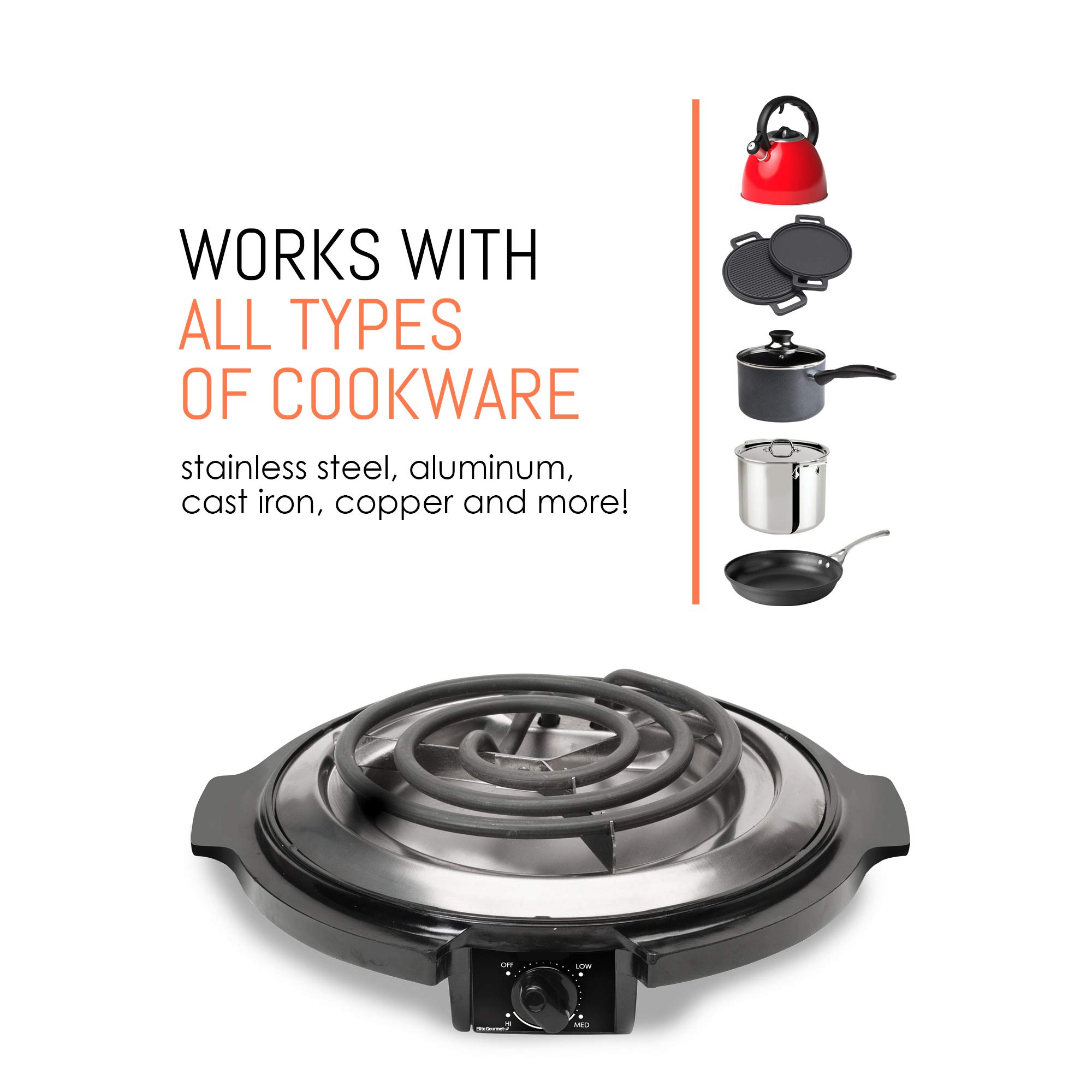 Elite Gourmet ESB-300X 1000W Electric Hot Plate with Temperature Control - Portable Single Burner for Cooking, Boiling & Simmering - Perfect for Dorms, Offices & Small Kitchens - Easy Clean Black Countertop Coil Heater