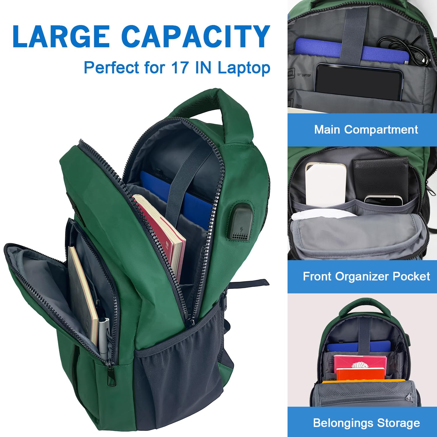 WOLT 15.6-17 Inch Laptop Backpack for Men & Women - Flight Approved Travel Backpack with USB Charging Port & Computer Compartment - Durable College Bookbag for Work, School & Business Travel (Green)