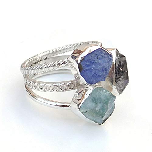 925 Sterling Silver Tanzanite Aquamarine Herkimer Diamond Multi Stone Ring - Natural Raw Rough Gemstone Cluster Ring, Chunky Style for Anniversary & Promise - Perfect for Weddings, Engagements & Special Occasions