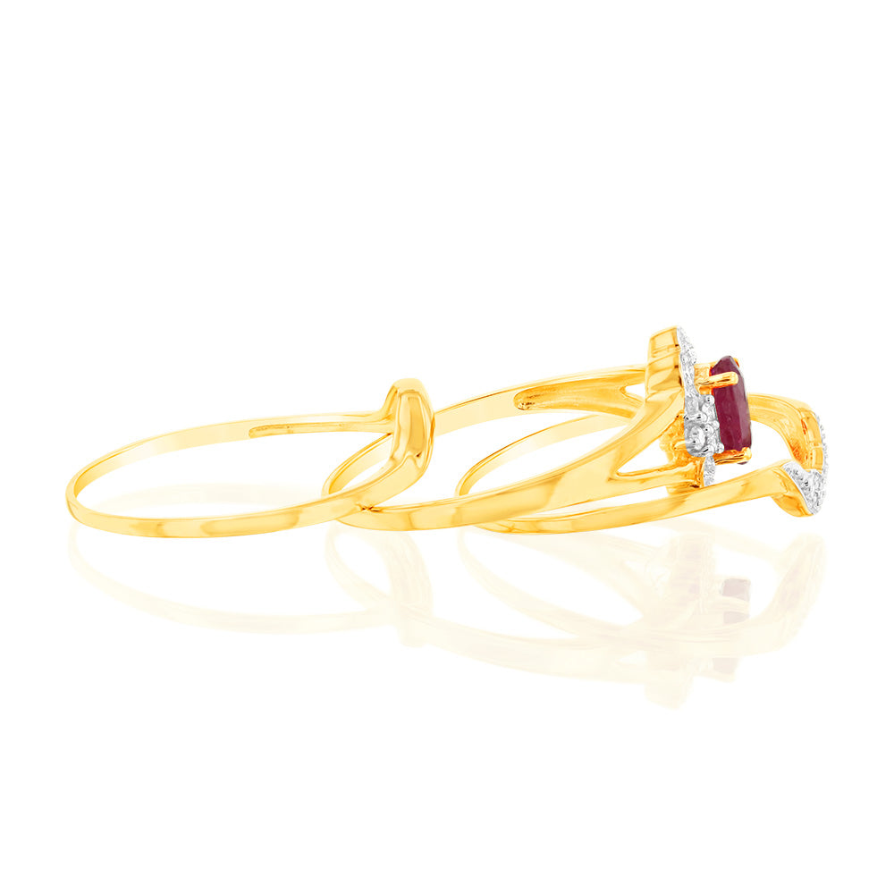 0.55 Carat Natural Ruby & 16 Diamond Wedding Ring Set in 9K Yellow Gold - Elegant Bridal Jewelry for Engagement, Anniversary & Special Occasions