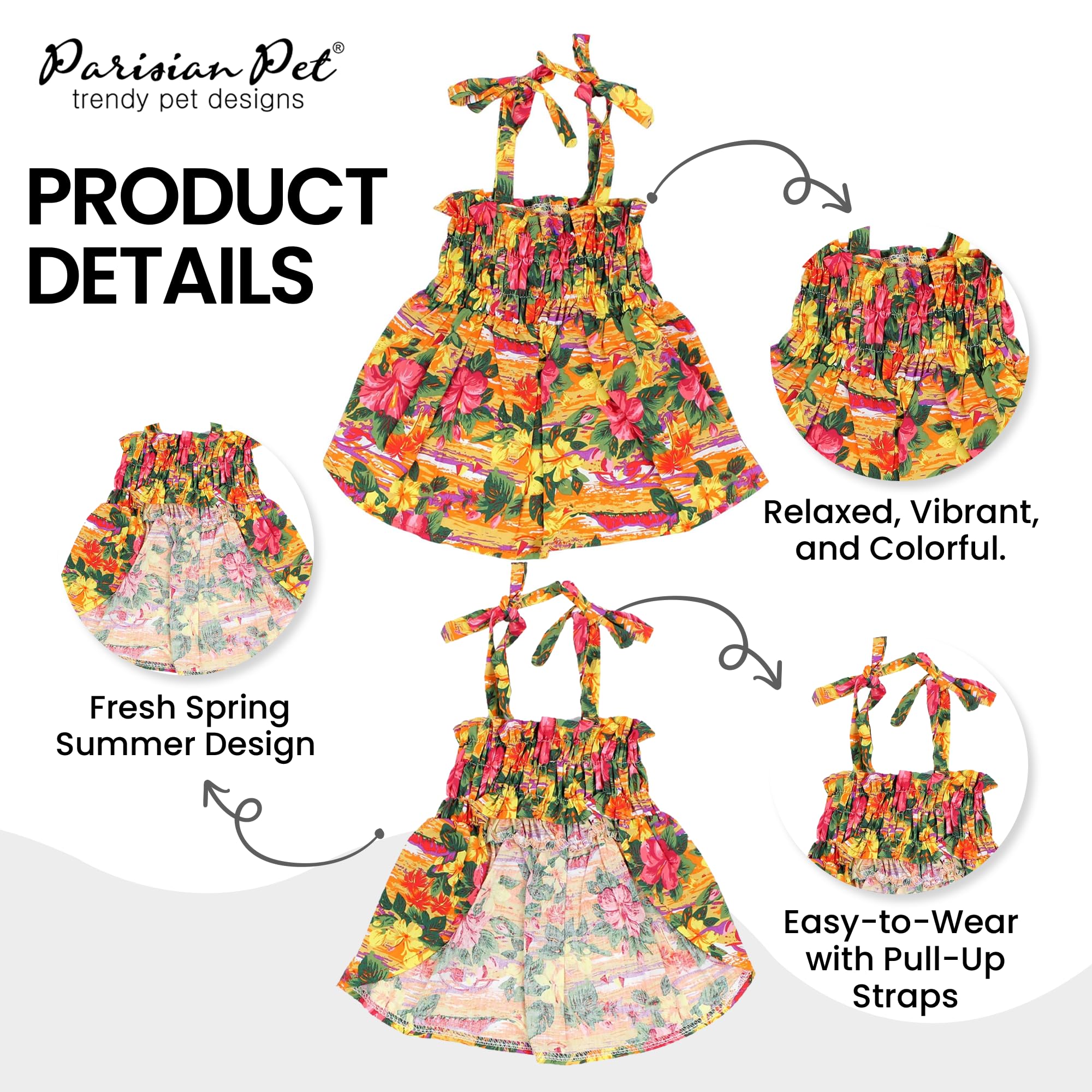 Parisian Pet Hawaiian Dog Dress - Floral Summer Dog Outfit with Pull-Up Straps, Breathable Beach Costume for Small Dogs | Perfect for Beach Parties, Photo Shoots & Summer Adventures