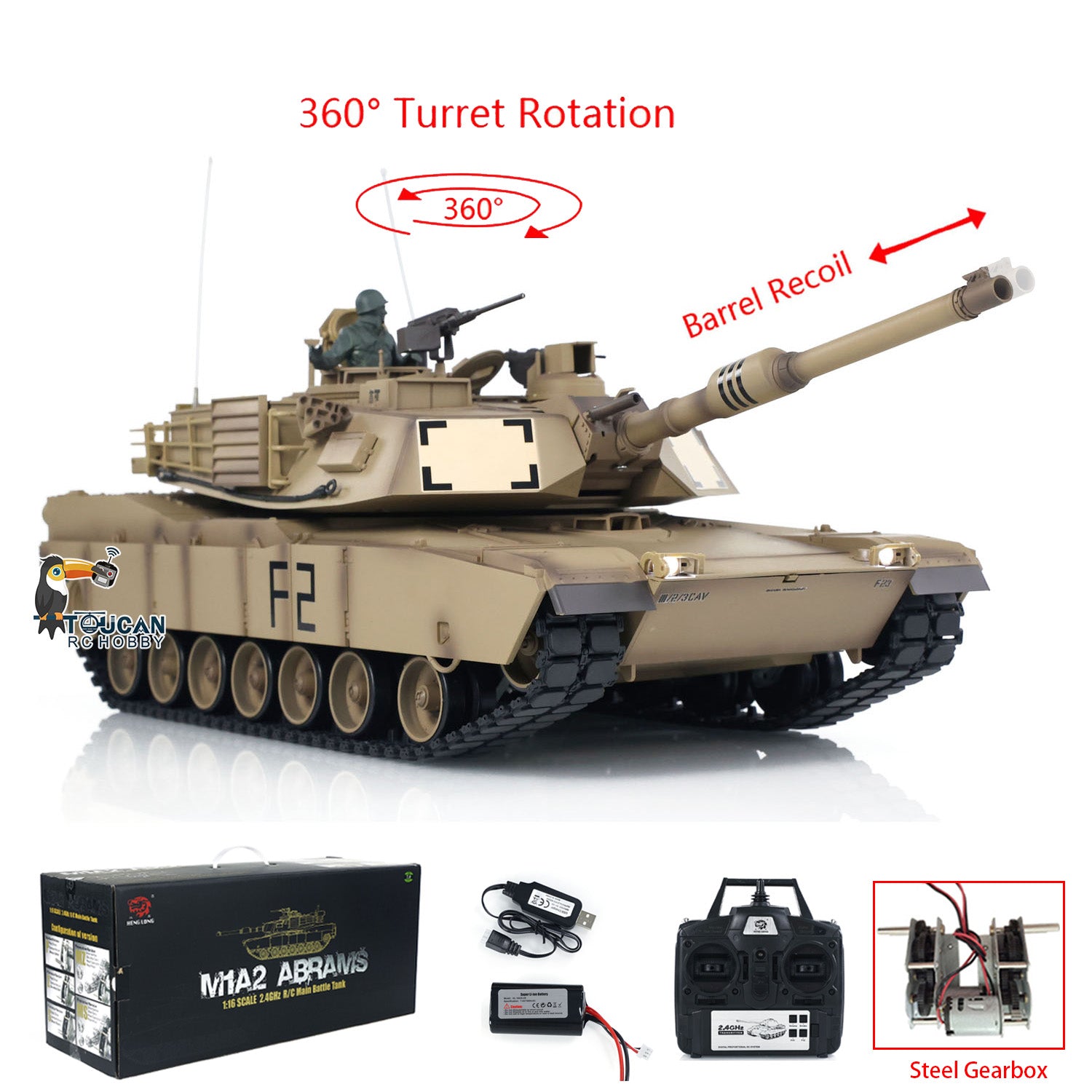 1:16 Scale 7.0 Henglong 2.4Ghz RTR RC Tank - M1A2 Abrams Model 3918 with Steel Gearbox, Barrel Recoil & 360° Rotating Turret | Perfect for Military Enthusiasts, Collectors and Outdoor RC Battles