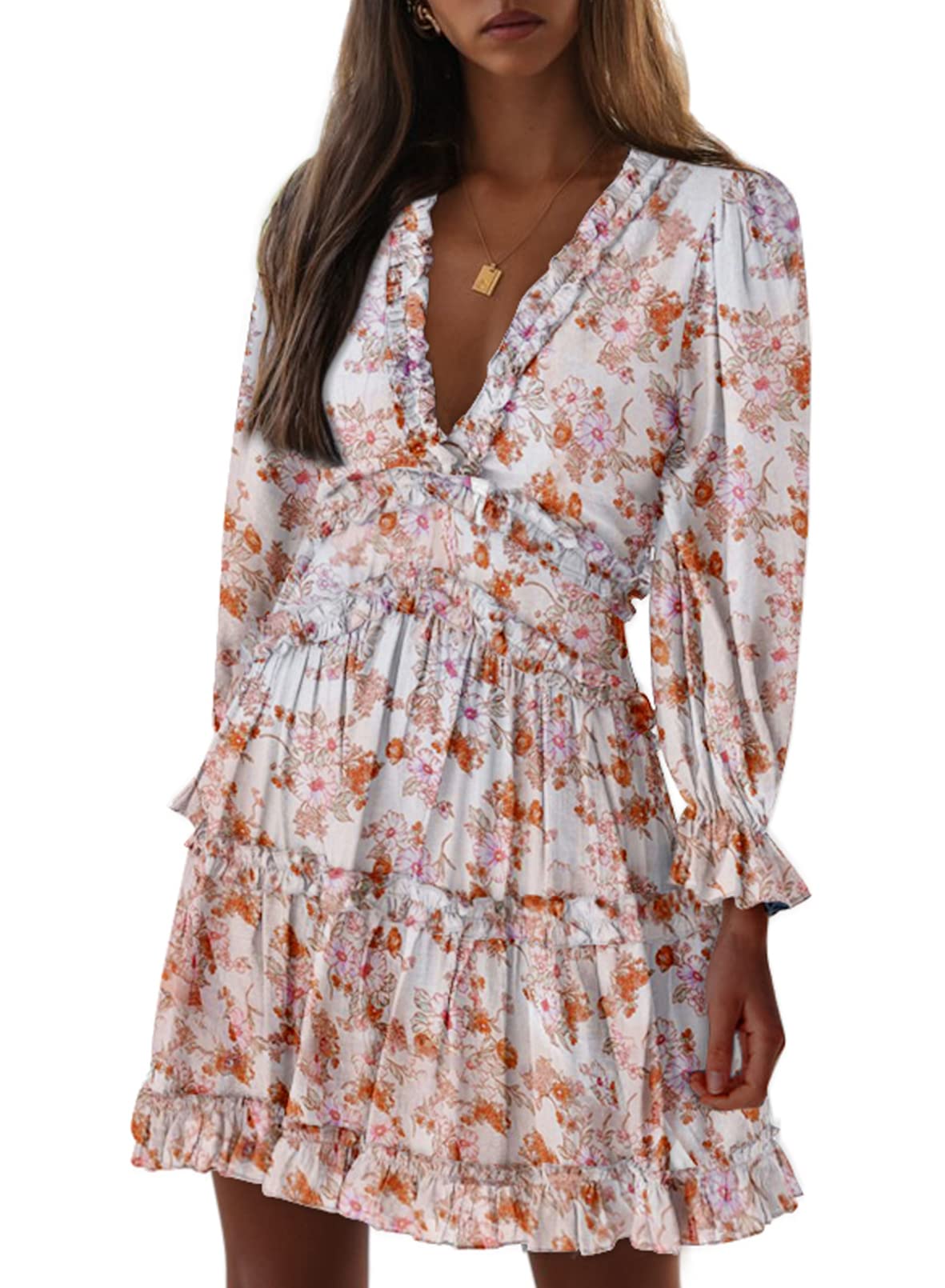 Eytino Women's Floral Print V-Neck Backless Mini Dress for Wedding Guest - Long Sleeve Party Cocktail Dress (S-XL) | Perfect for Bridal Shower, Evening Events & Special Occasions