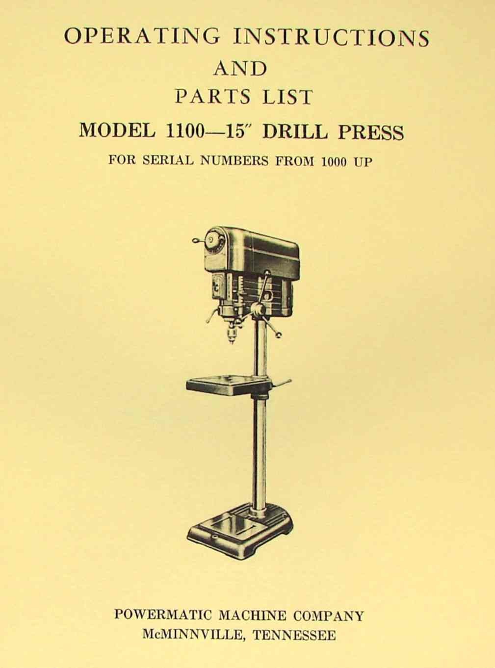 POWERMATIC 1100 15-Inch Drill Press Operator Manual & Parts Guide - Perfect for Woodworking, Metalworking & DIY Projects