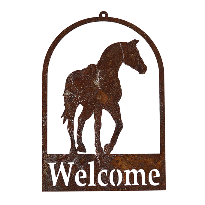 W3944 Rustic Welcome Sign with Horse Design - Vintage Rusted Metal Art for Garden, Farmhouse, or Outdoor Decor - Perfect for Porch, Patio, and Yard Entrance