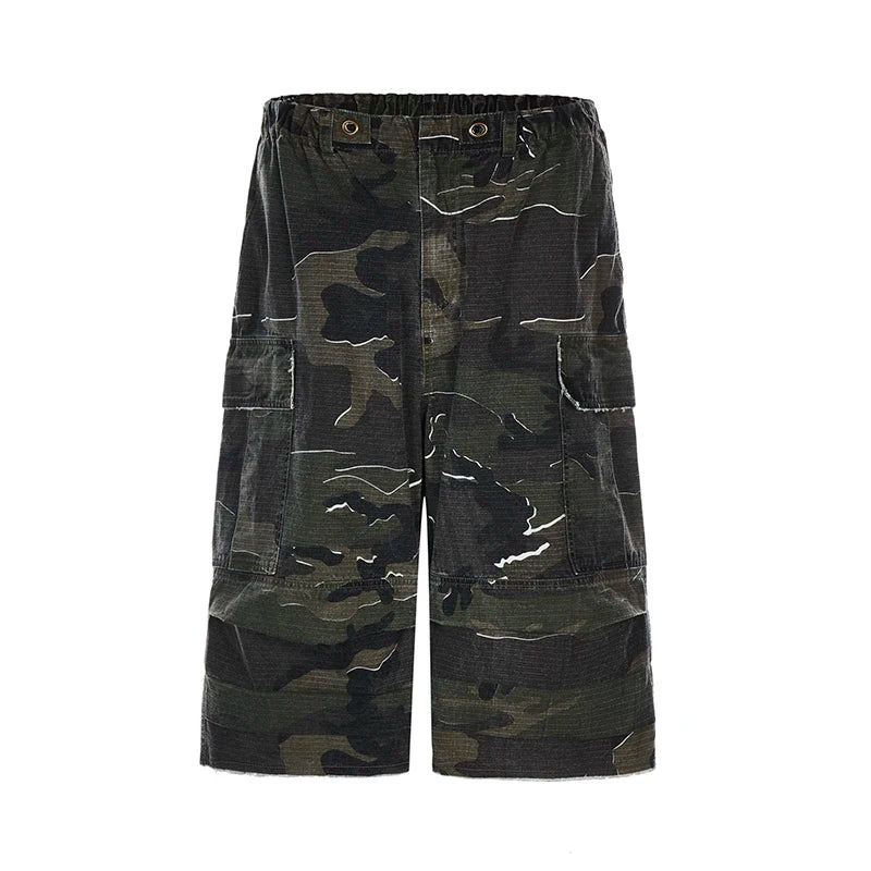 Men's American Style Washed Camouflage Cargo Shorts - Loose Fit Streetwear Work Pants with Multiple Pockets | Perfect for Outdoor Activities, Hiking & Casual Wear (Style 24E1035)
