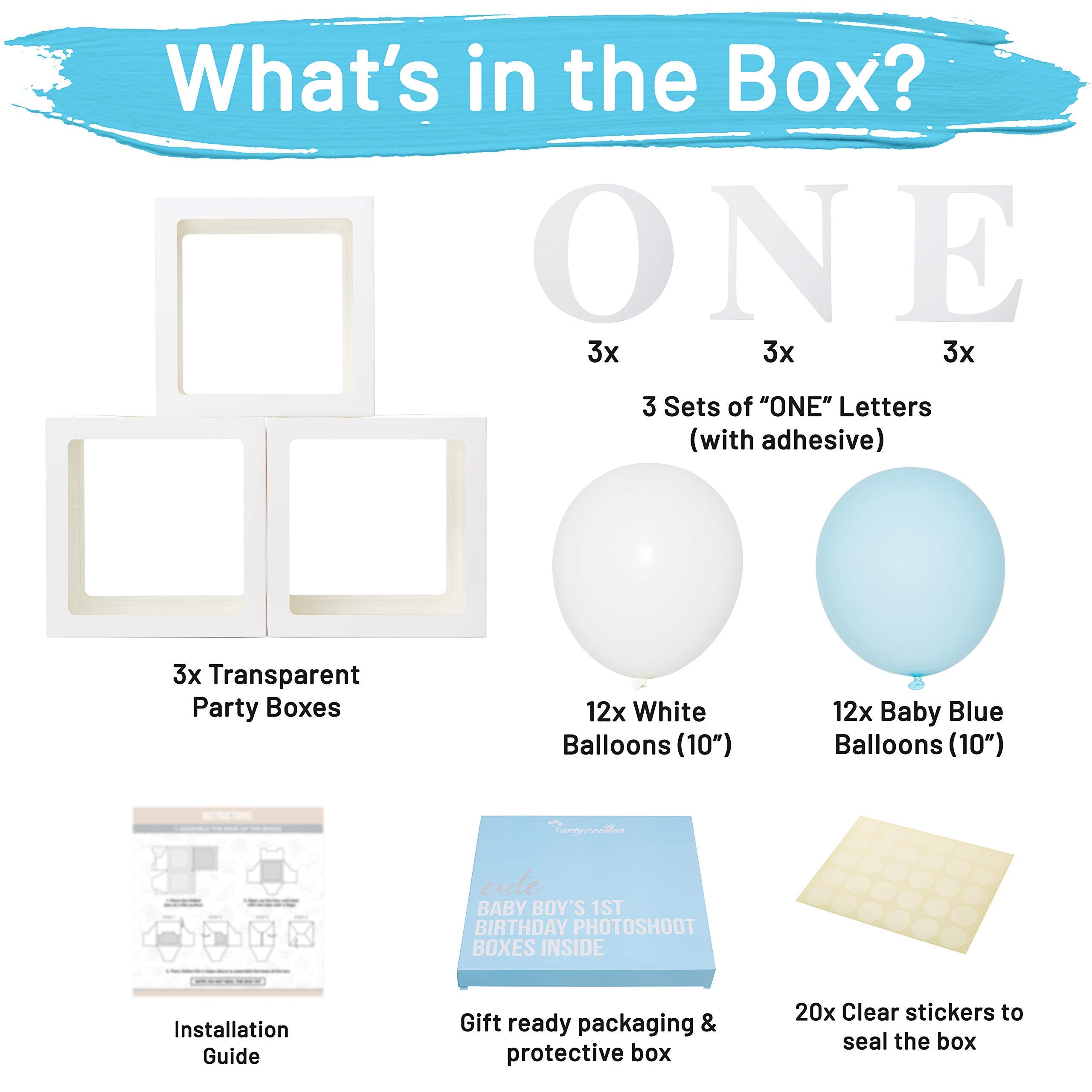 1st Birthday Cake Smash Set for Baby Boy | First Birthday Balloon Box with 24 Balloons | Baby Boy Birthday Party Decorations | Perfect for 1st Birthday Photoshoot & Celebration