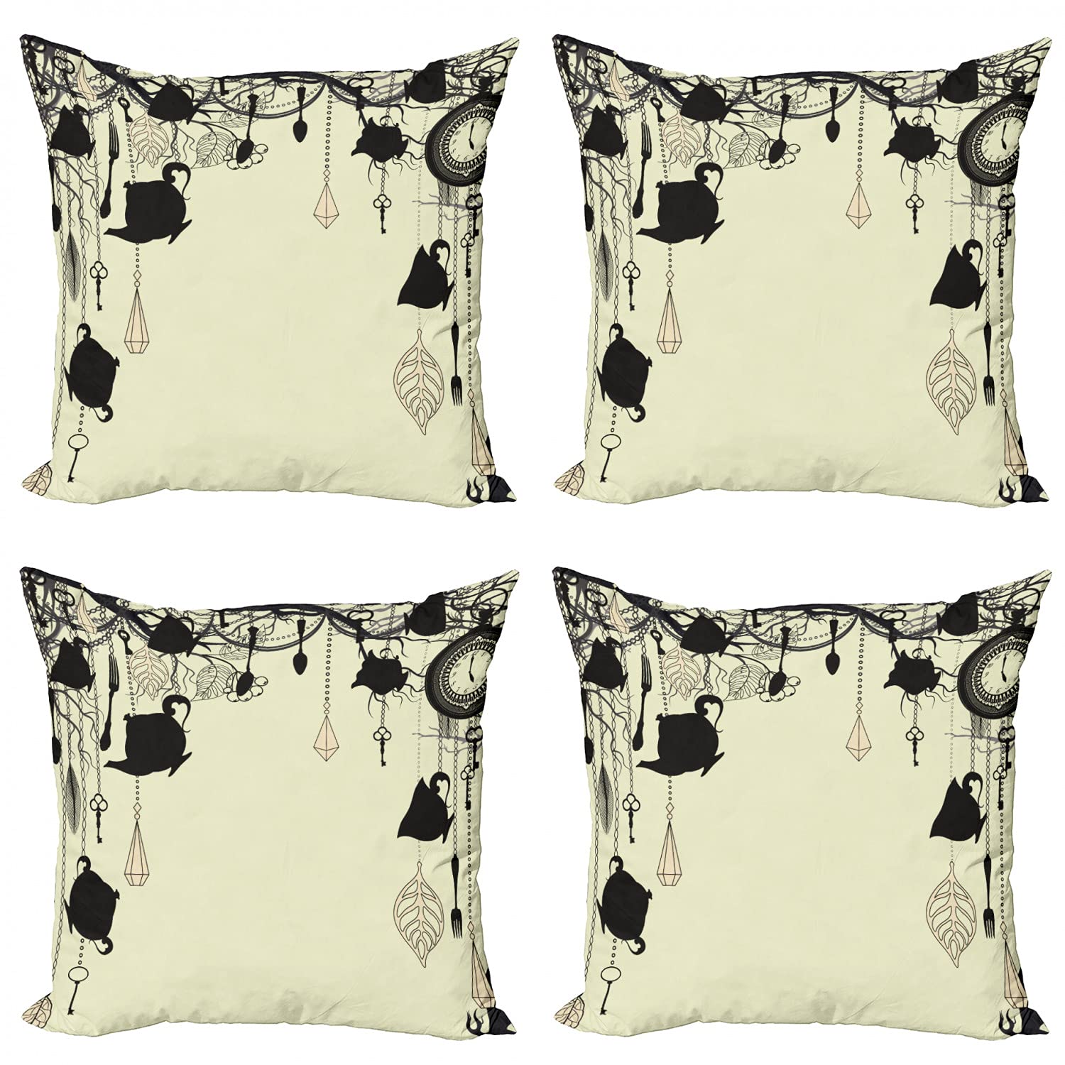 Ambesonne Vintage Tea Party Decorative Throw Pillow Covers Set of 4 - Antique Diamond Forks Spoons Cups Leaves Tree Branch Design - 24