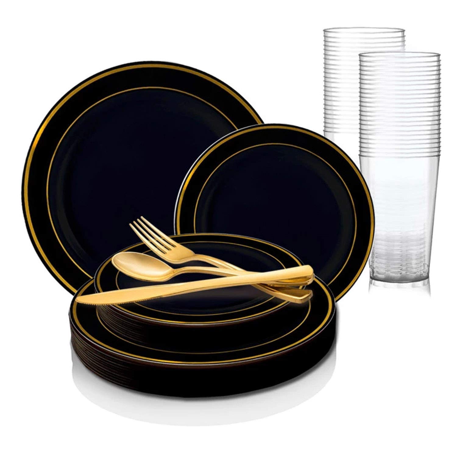 360-Piece Elegant Disposable Plastic Dinnerware Set for 60 Guests - Gold Rimmed Black Plates, Appetizer Plates, Cutlery & Cups for Wedding, Birthday, Easter Party | Premium Disposable Tableware for Catering, Buffet & Special Events