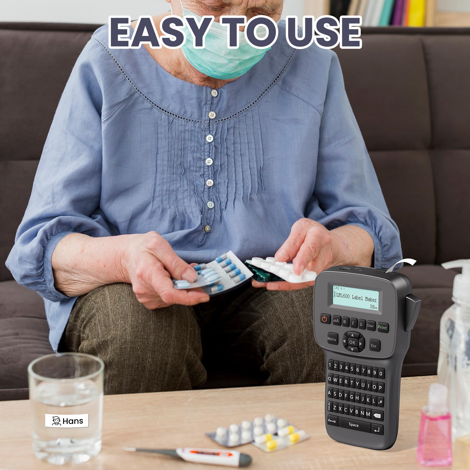 Waterproof Rechargeable Label Maker Machine with Backlit Screen & Bluetooth - Portable Keyboard Labeler with Tapes for School, Office, Industrial Use - LM1600 Black - Perfect for Organizing Files, Storage Boxes, and Equipment Labeling