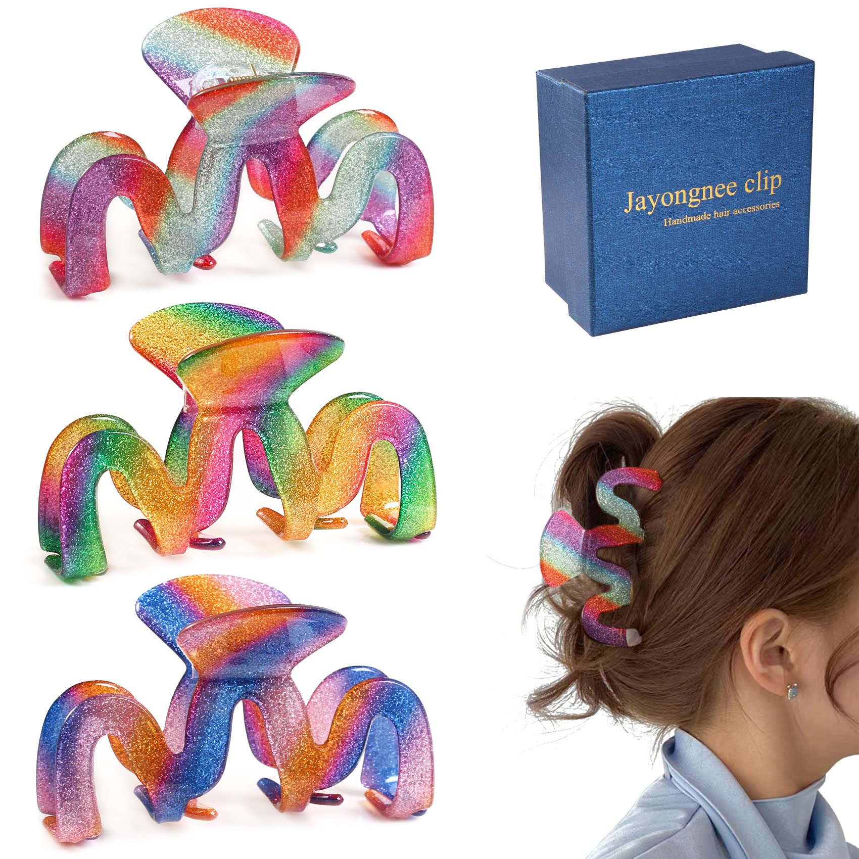 Jayongnee 3Pcs Hair Claw Clips for Women - Non-Slip Hair Clips for Thick & Thin Hair, Multi-Colored Hair Accessories for Ponytail, Bun & Updo Hairstyles | Perfect for Work, Gym & Everyday Use