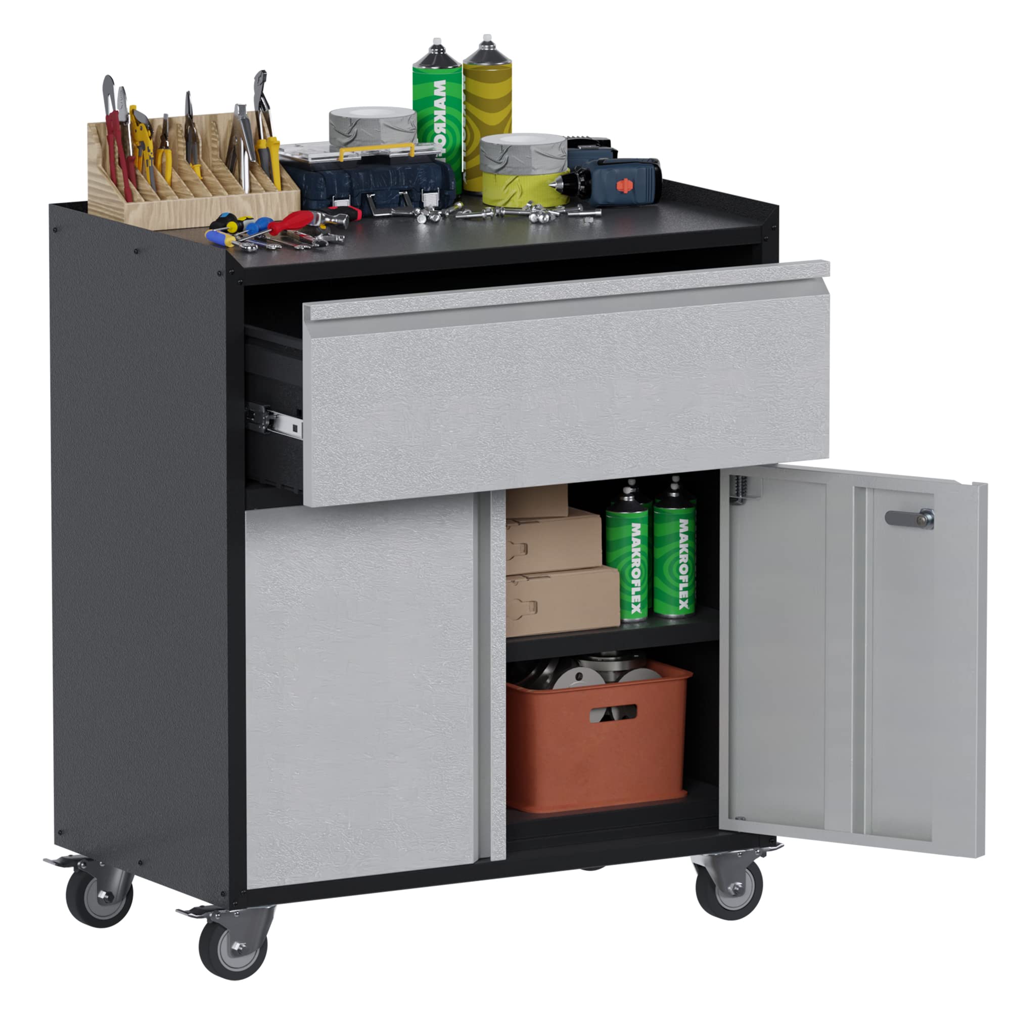 Aobabo Heavy Duty Steel Tool Box with Wheels & Lock - Adjustable Storage Cabinet Organizer with Drawers for Garage, Workshop, Office & Home Use - Black/Gray Tool Chest for Tools, Hardware & Supplies Storage