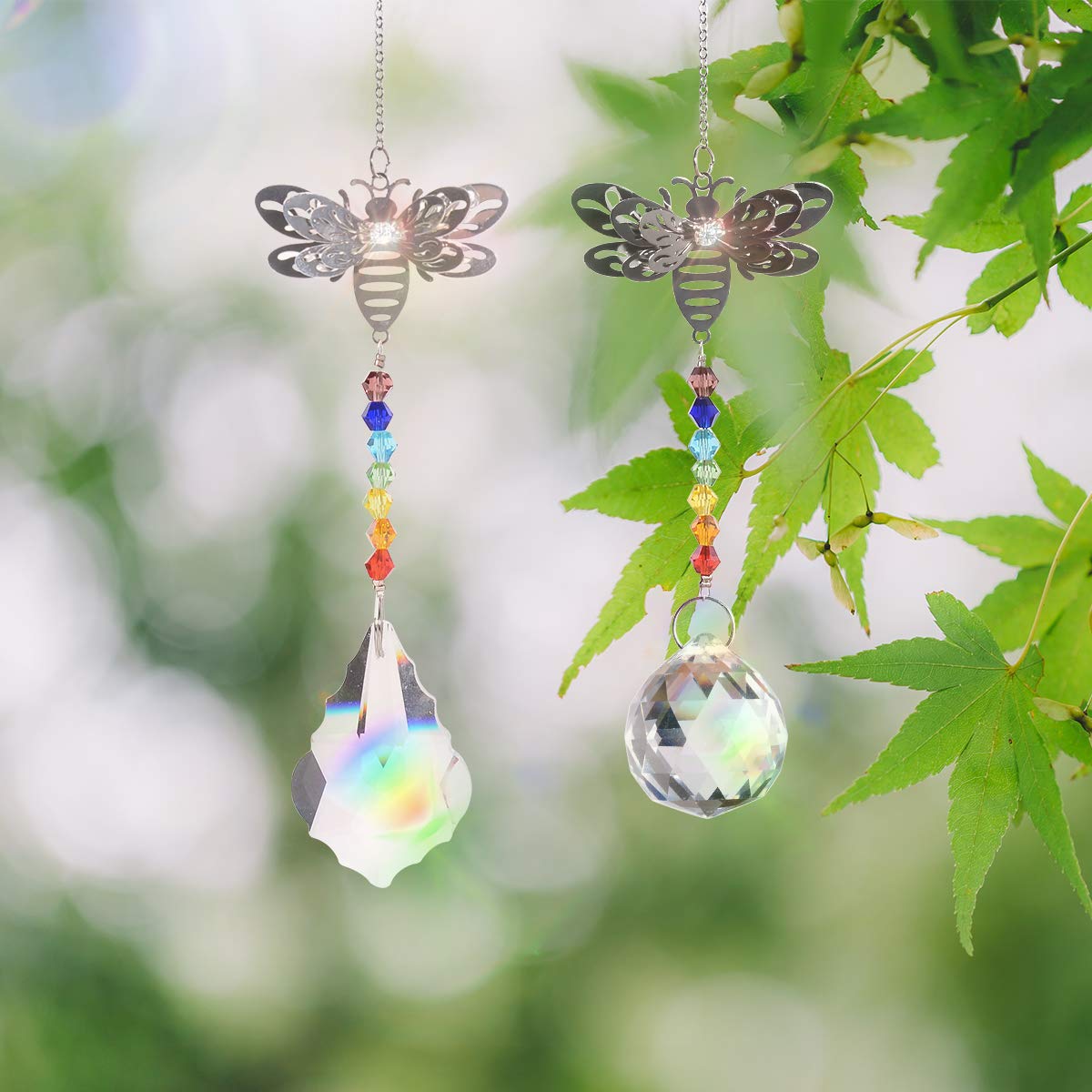 2 Pack Crystal Glass Bee Suncatchers - Rainbow Maker Window Prisms for Home Decor, Gifts & Garden Ornaments - Creates Beautiful Rainbows in Sunrooms, Nurseries and Outdoor Spaces