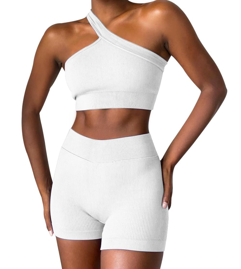 OLCHEE Women's One Shoulder Workout Set - Seamless Ribbed 2-Piece Gym Outfit with Crop Top & Mini Shorts for Yoga, Running & Fitness | Breathable Athletic Clothes for Women