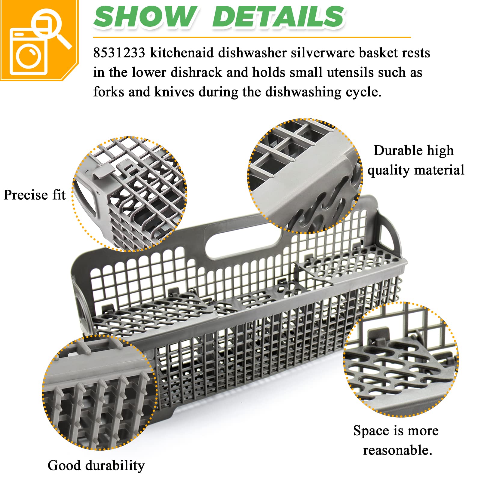 Universal Dishwasher Silverware Basket Replacement for Whirlpool & KitchenAid Dishwashers - Compatible with Models W10190415, 8531233, 8531288, 8562043 - Durable Utensil Holder for Easy Organization - Perfect for Kitchen, Restaurant & RV Use