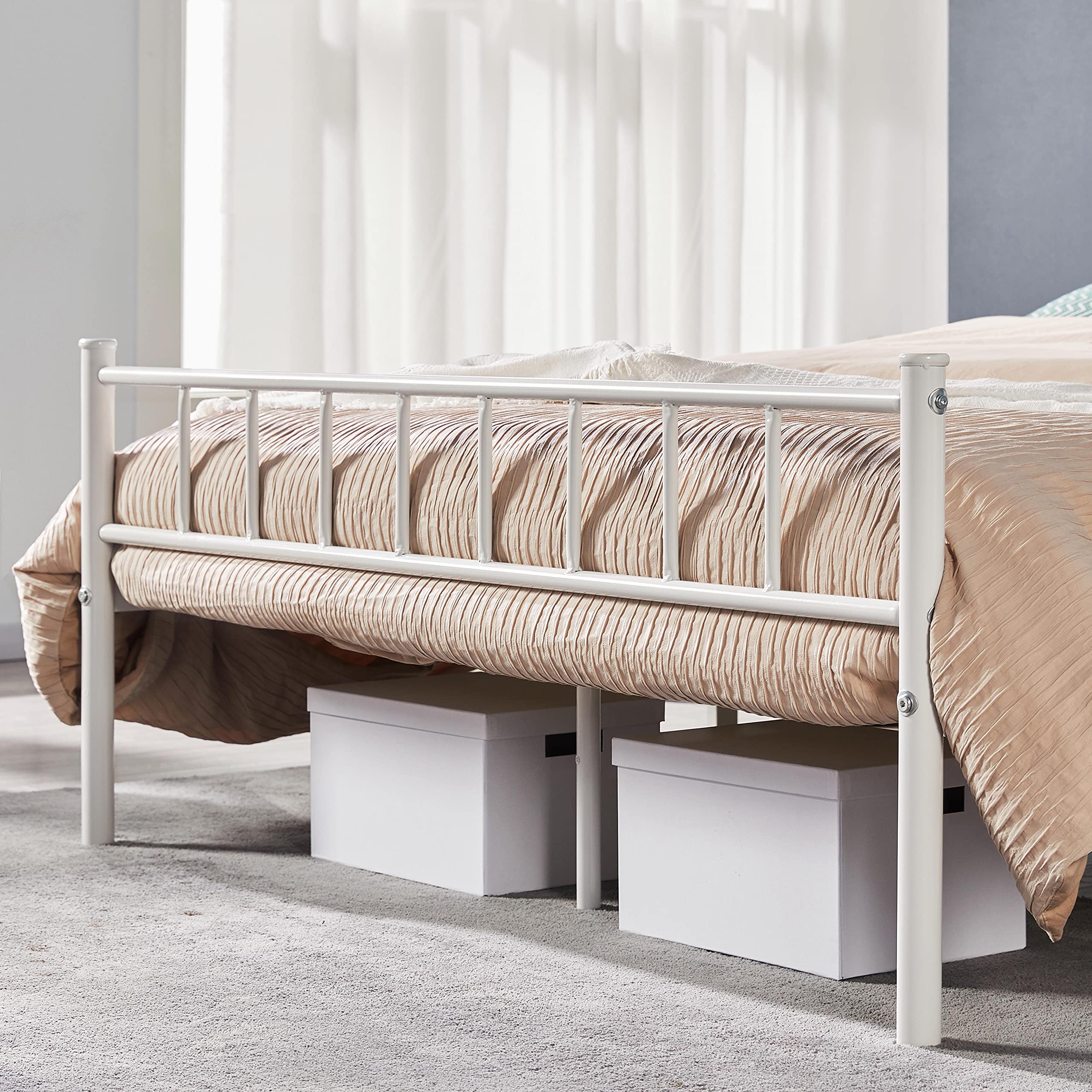 Topeakmart Queen Size Metal Bed Frame with Headboard & Footboard - Sturdy Steel Slat Support, No Box Spring Needed, Under Bed Storage - White - Perfect for Modern Bedrooms, Guest Rooms & Small Spaces