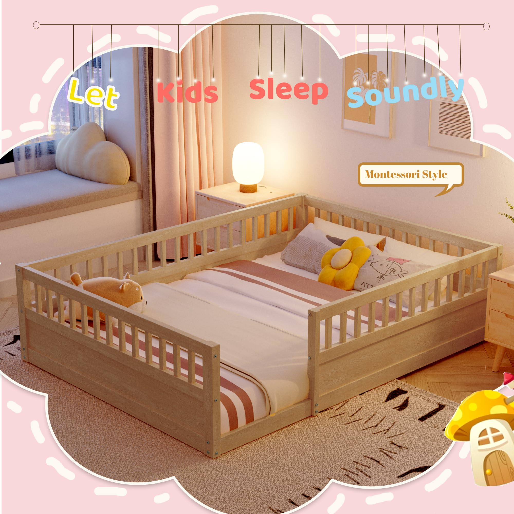 Montessori Floor Bed for Kids - Full Size Wooden Playhouse Bed with High Safety Railings for Toddlers, Boys & Girls - Natural Finish - Perfect for Montessori Rooms, Playrooms & Safe Sleep Spaces