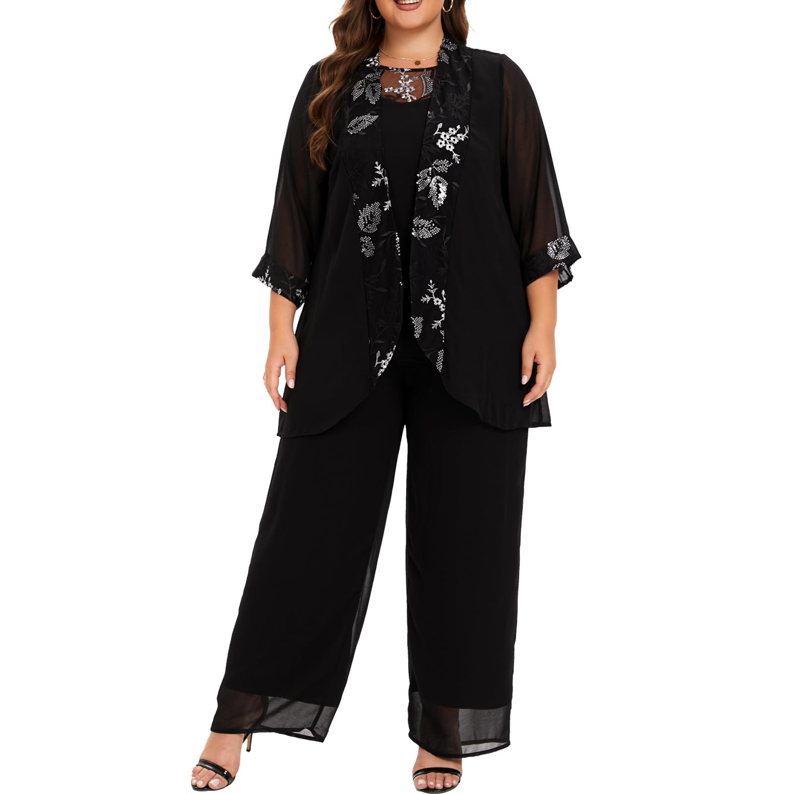Plus Size Women's 3-Piece Chiffon Wedding Pant Suits - Elegant Mother of The Bride/Groom Outfit for Evening Parties & Formal Occasions