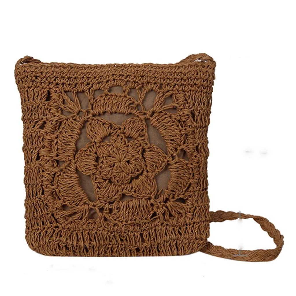 Crochet Straw Crossbody Bag for Women - Floral Braided Rattan Shoulder Purse, Hollow Out Beach Bag for Travel, Summer Outings & Boho Fashion (25x24cm, Color B)