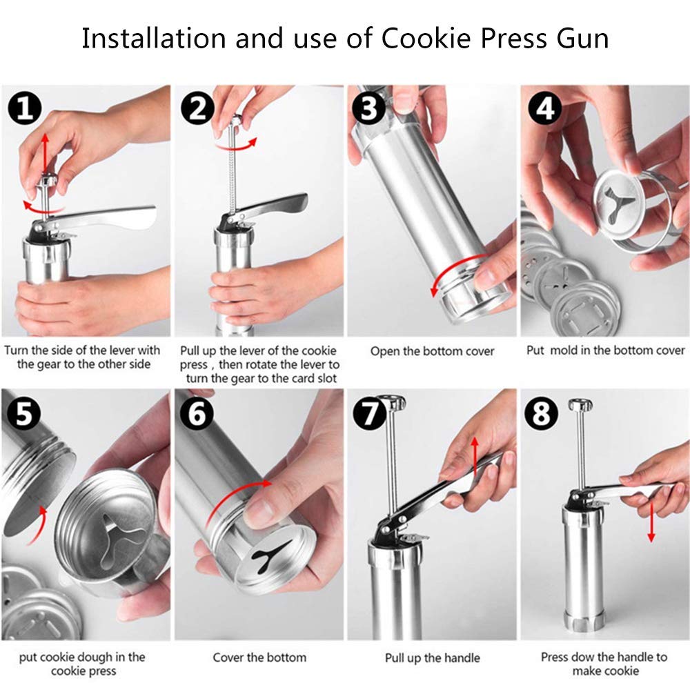 Premium Cookie Press Gun Kit - Stainless Steel Biscuit Maker, Churro & Icing Decorator with 20 Discs & 4 Nozzles for Baking, Cake Decorating, Holiday Cookies & Party Treats (Silver)