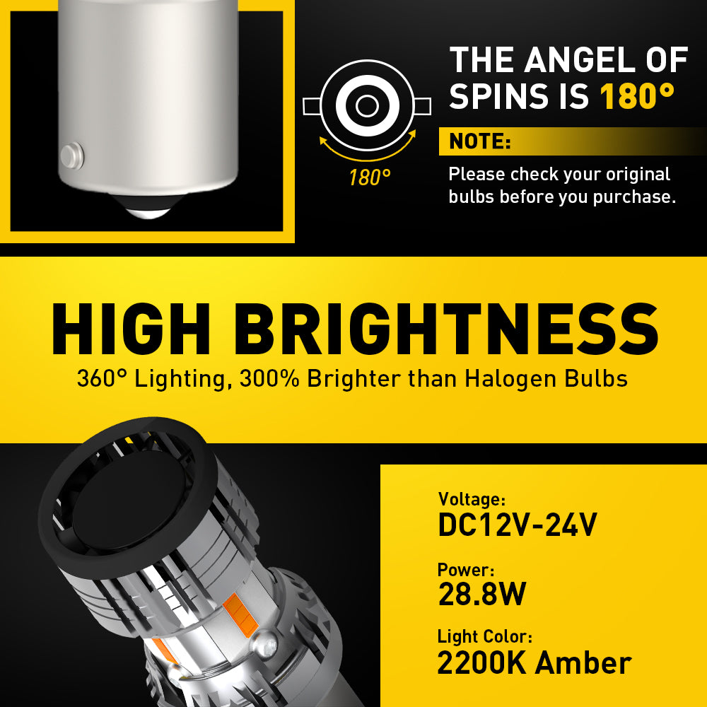 1156 7506 P21W BA15S LED Turn Signal Light Bulbs - CANBUS Error Free with Built-in Load Resistor - Amber Yellow - Perfect for Cars, Trucks, Motorcycles & Trailers