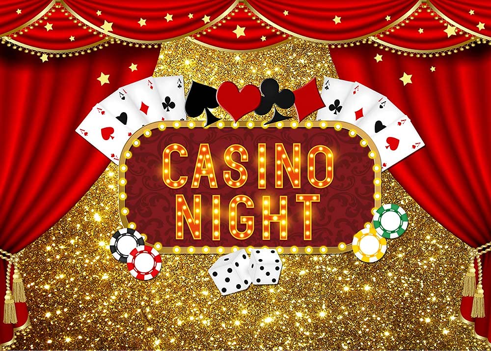 Las Vegas Gold Glitter Bokeh Photography Backdrop 7x5ft - Casino Night Poker Dice Red Curtain Photo Background for Birthday Parties, Prom, Studio Shoots & Dessert Table Decor | Polyester Party Banner & Booth Props