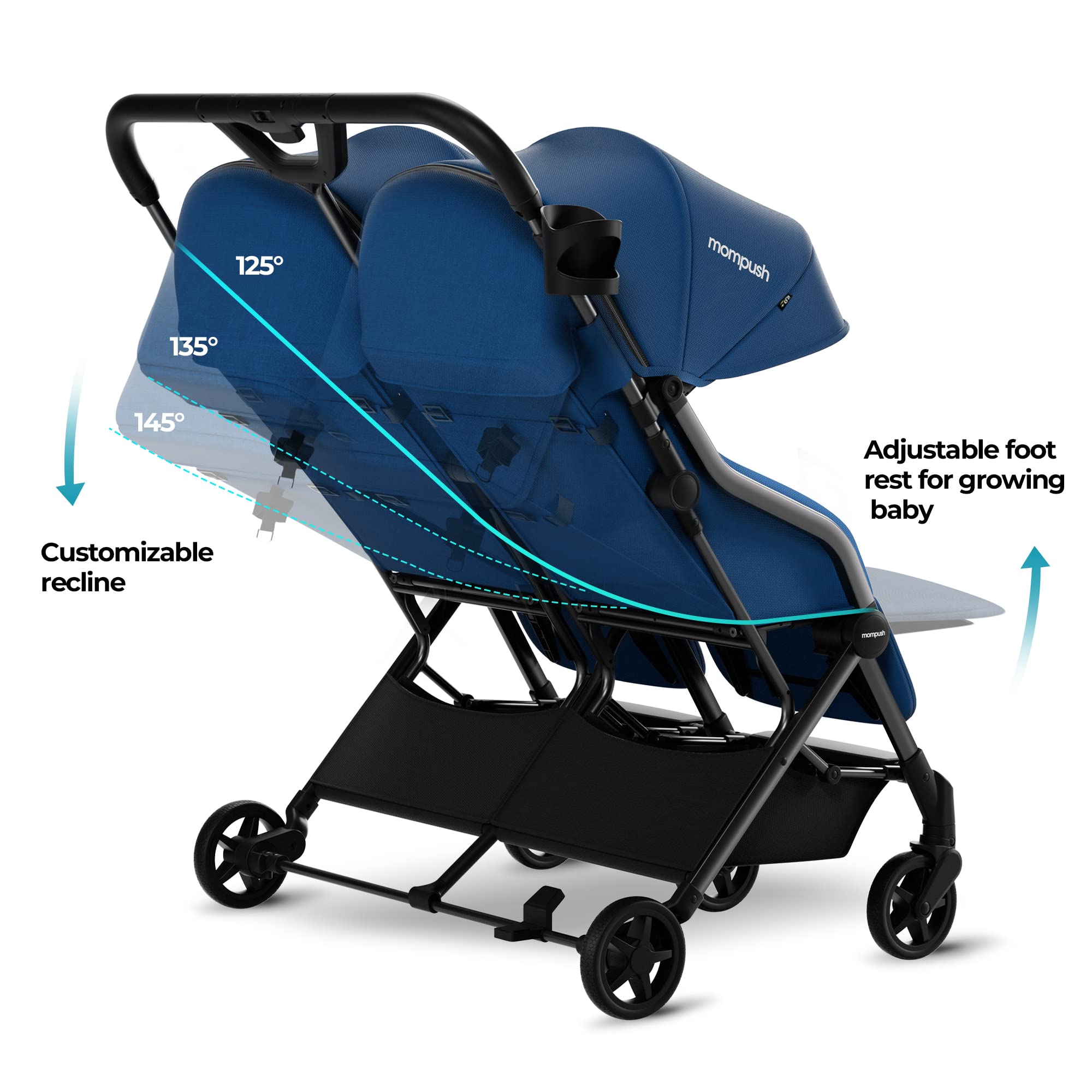Mompush Lithe Double Ultralight Stroller - Lightweight Side by Side Baby Stroller with 2 Large Reclining Seats & Easy Fold | Perfect for Twins, Siblings & Traveling Families