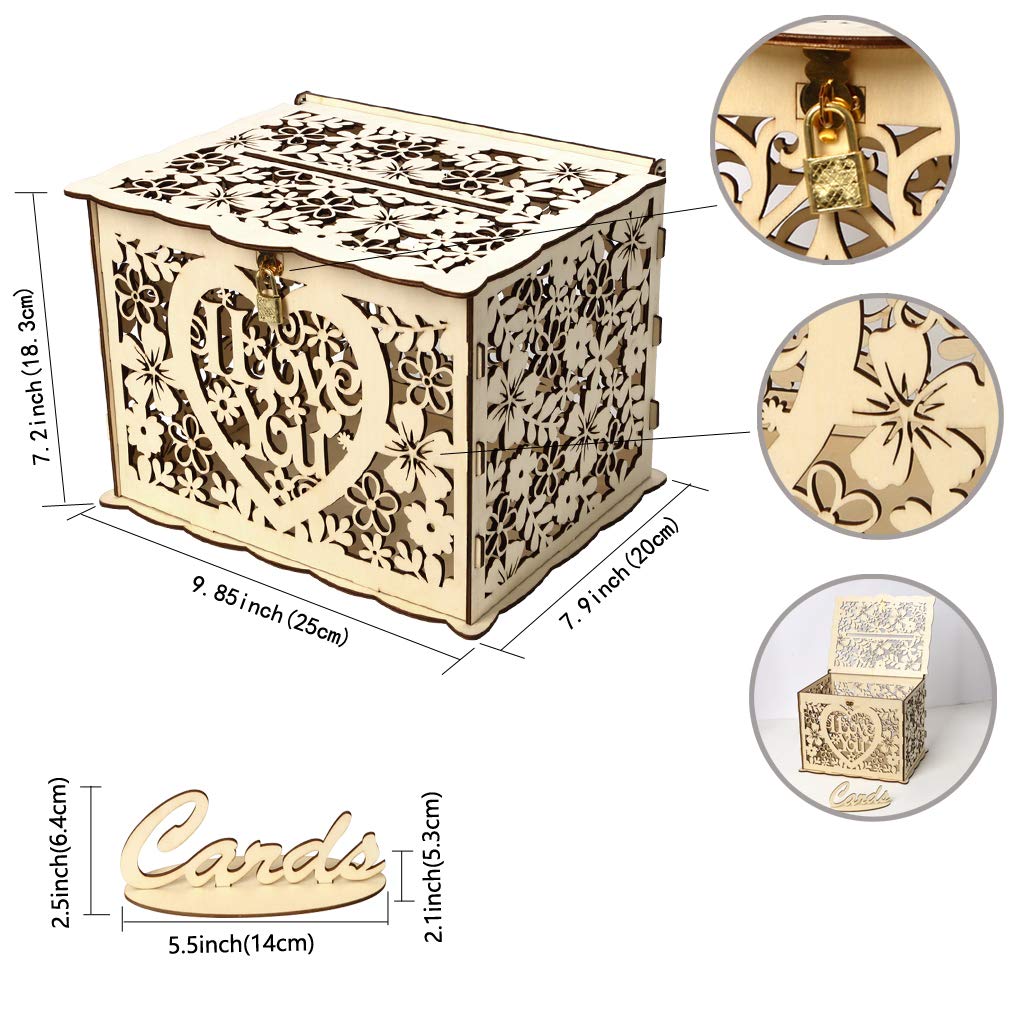 ELEOPTION Rustic Wooden Wedding Card Box with Lock - DIY Hollow Card Holder for Money & Gift Cards - Perfect for Wedding Reception, Anniversary, Baby Shower, Graduation Party & Birthday Decorations