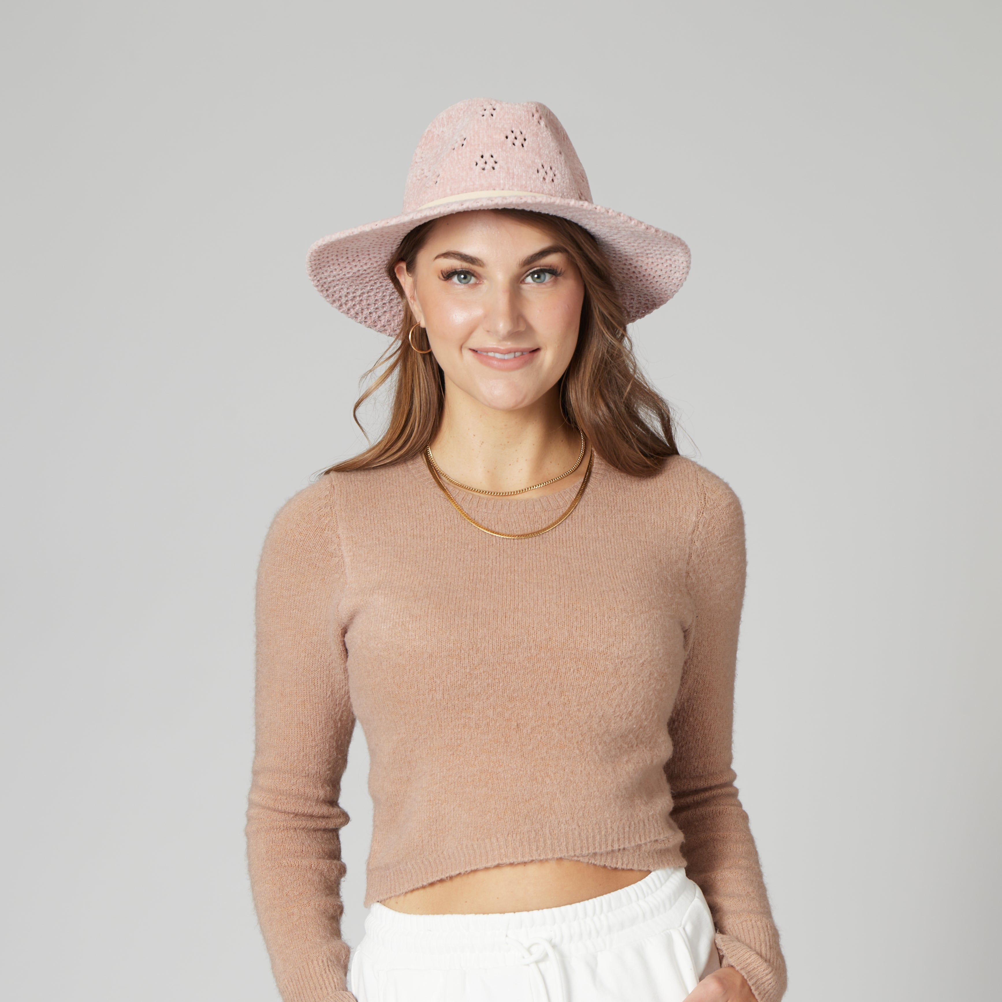 Walnut Grove Machine Knit Chenille Fedora Hat with Floral Pattern - KN1511 | Stylish Women's Fashion Accessory for Spring & Summer Outfits