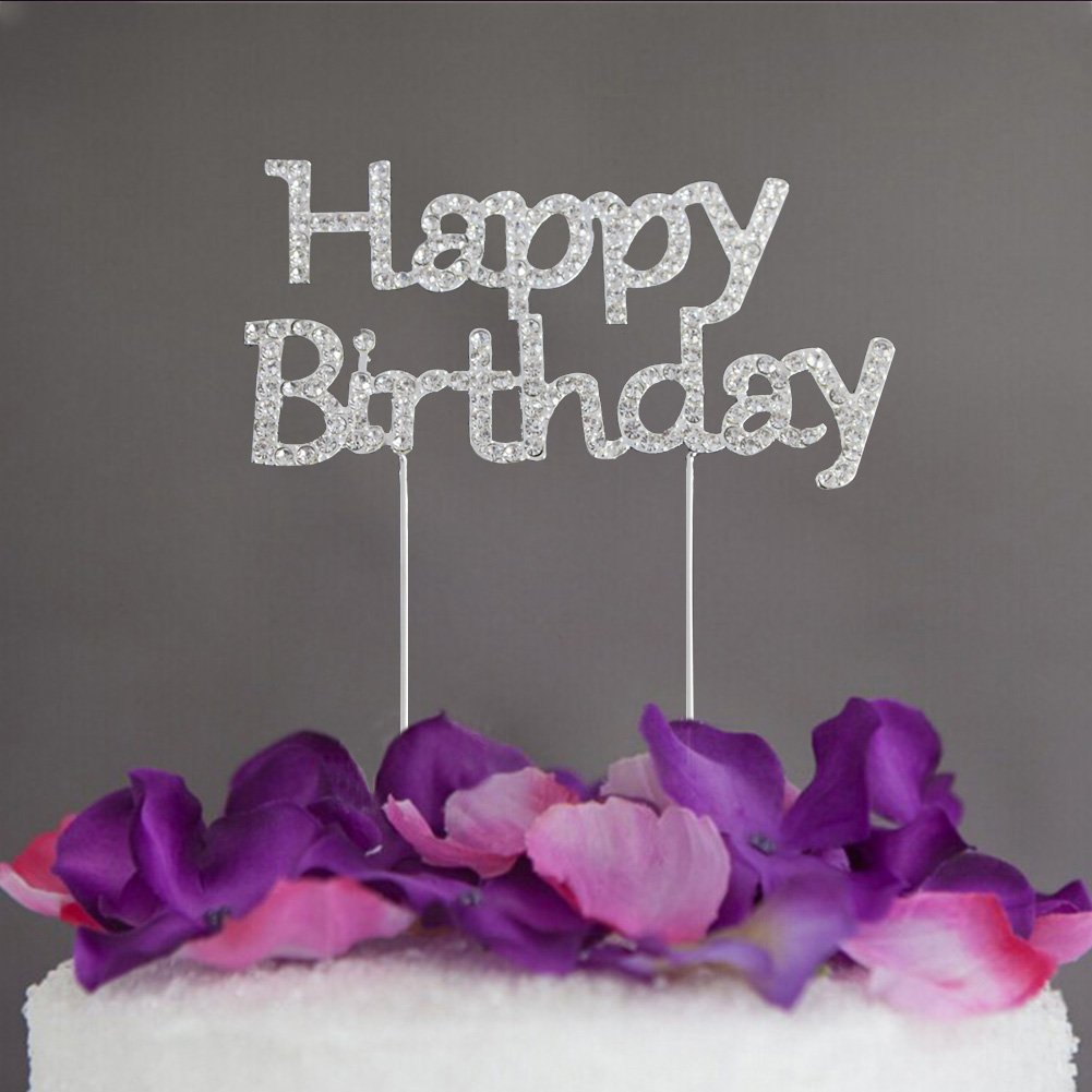 Elegant Silver Rhinestone Wedding Cake Topper - Anniversary, Birthday, Christmas & Party Decorations (Happy Birthday) - Perfect for Wedding Cakes, Anniversary Celebrations, Birthday Parties & Holiday Desserts