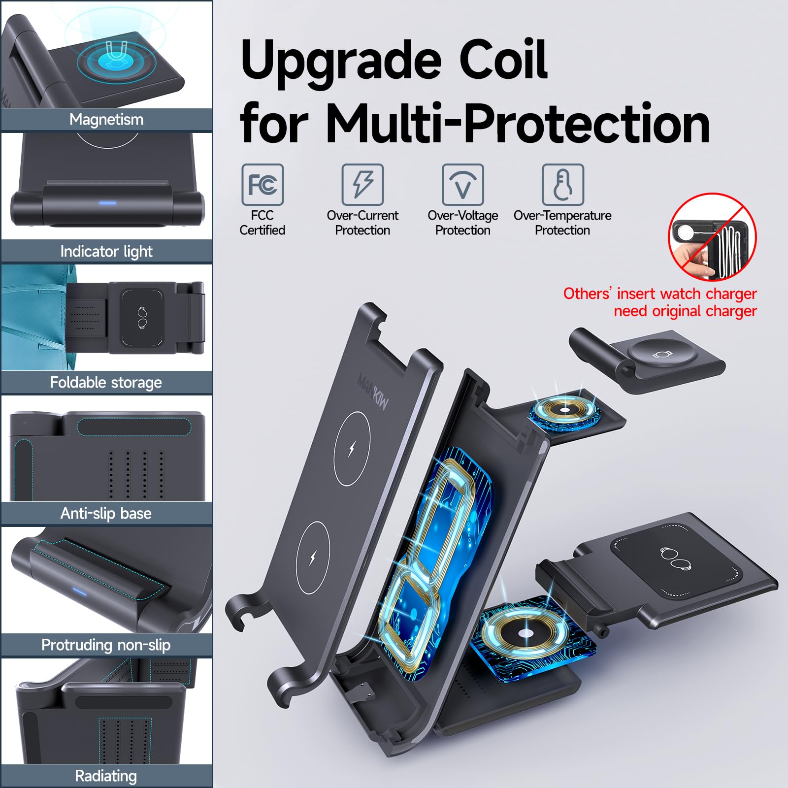 MANKIW Foldable 3-in-1 Wireless Charging Station for Samsung Galaxy S24/S23/S22/S20 Ultra, Z Flip/Fold 5/4/3, Watch 6/5/4/3 & Buds - Fast Qi Charger for Home, Office & Travel