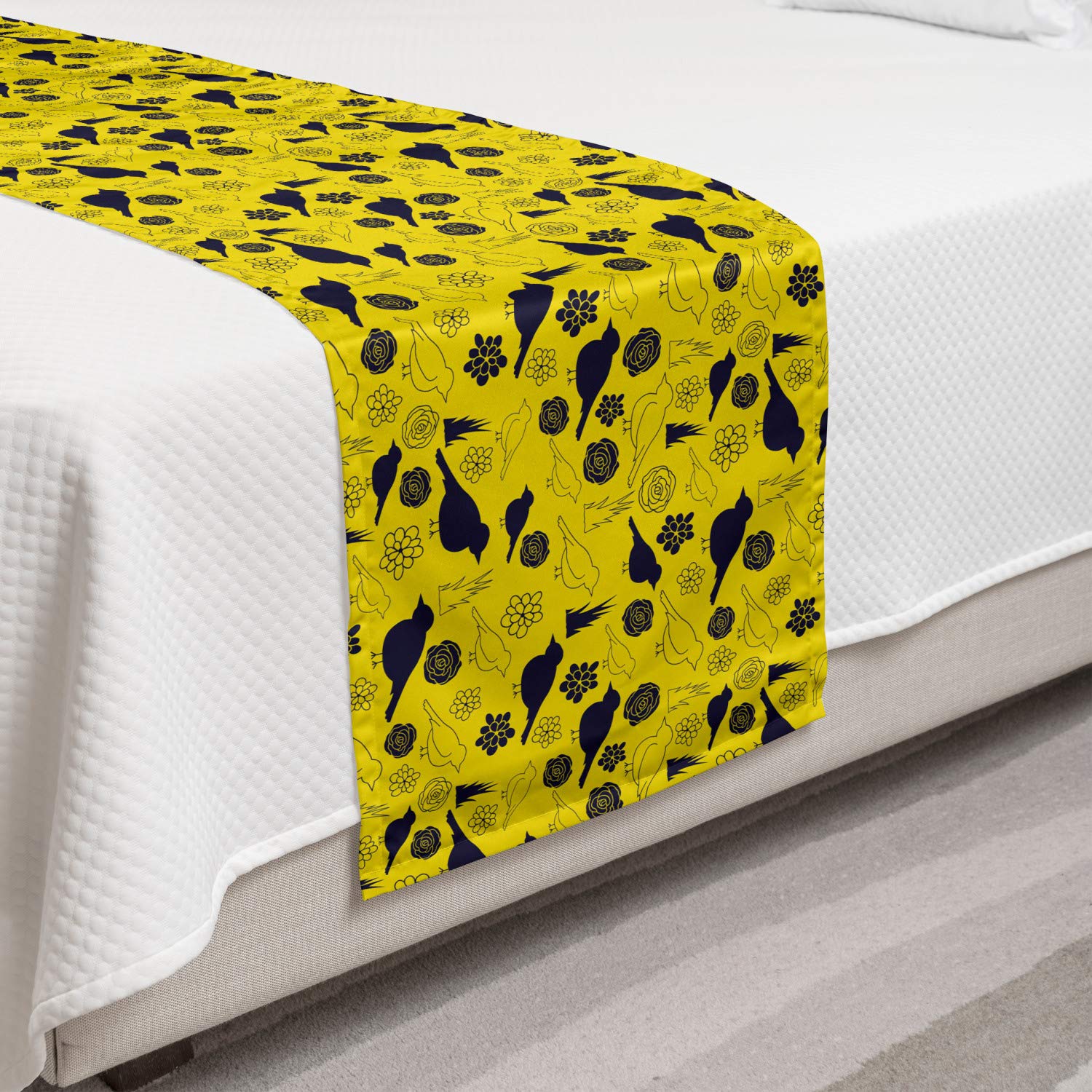 Ambesonne Yellow Bird Bed Runner - Floral Silhouette Design for Hotels & Homes