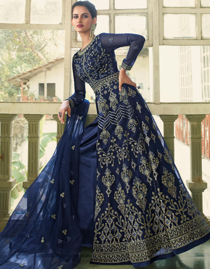 Elegant Blue Anarkali Style Gown Semi-Stitched Suits for Women - Perfect for Weddings, Parties & Festive Occasions