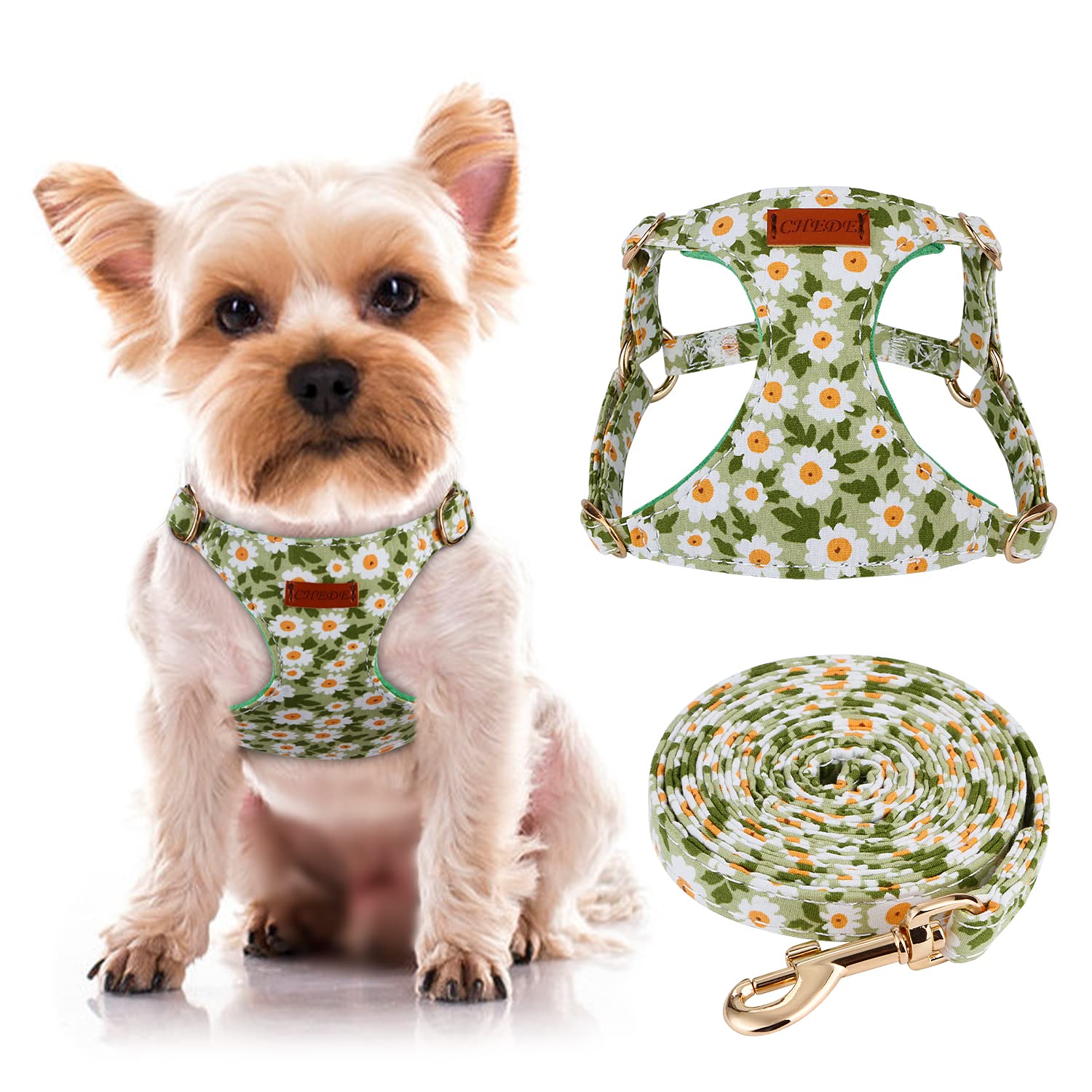 **CHEDE No Pull Floral Dog Harness – Lightweight Adjustable Small Dog Harness & Leash Set for Puppies & Medium Dogs (XXS, Green Daisy) – Perfect for Walks, Training & Outdoor Adventures**